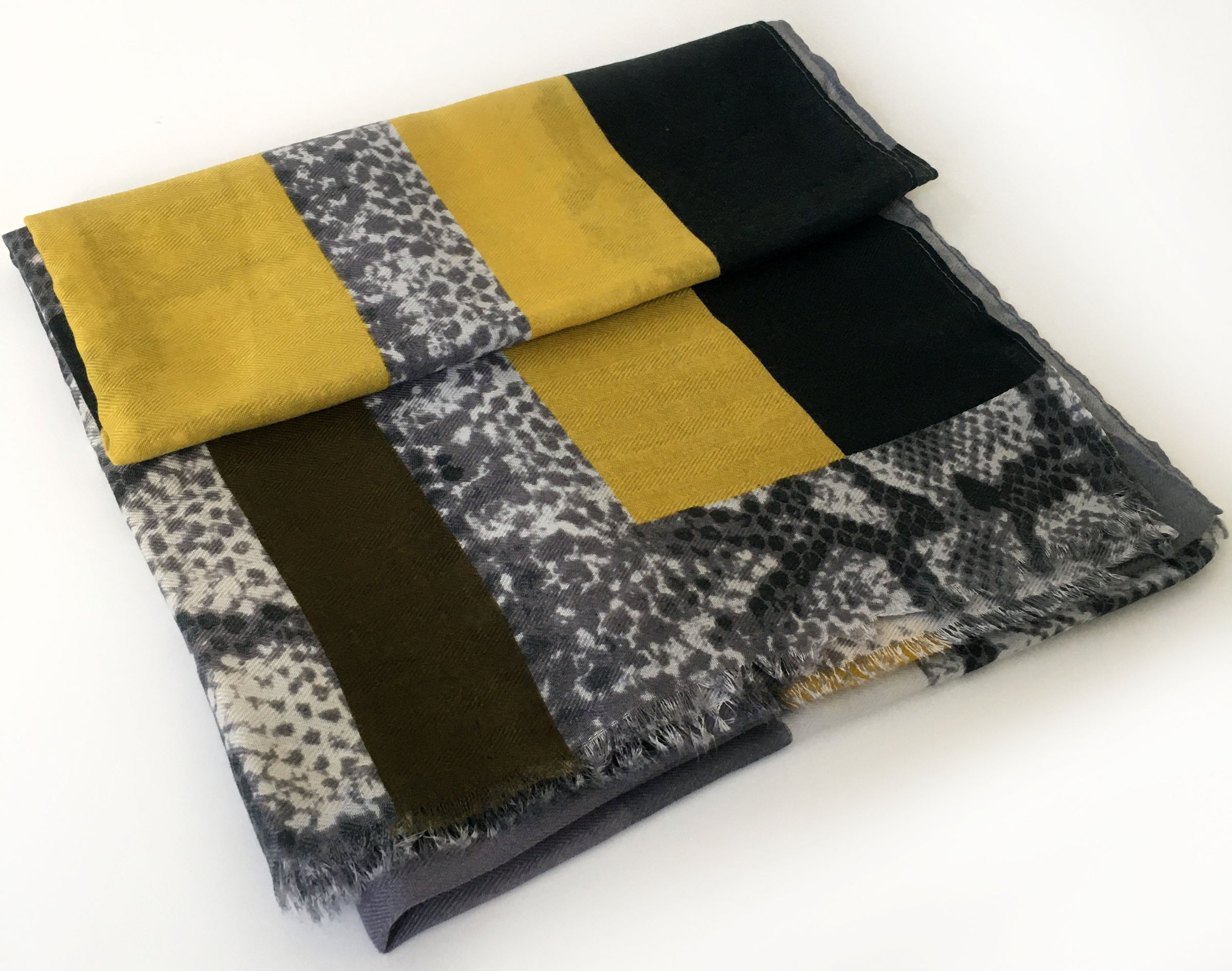 A-SHU LARGE MUSTARD YELLOW BLOCK PRINT SNAKESKIN SHAWL SCARF - A-SHU.CO.UK