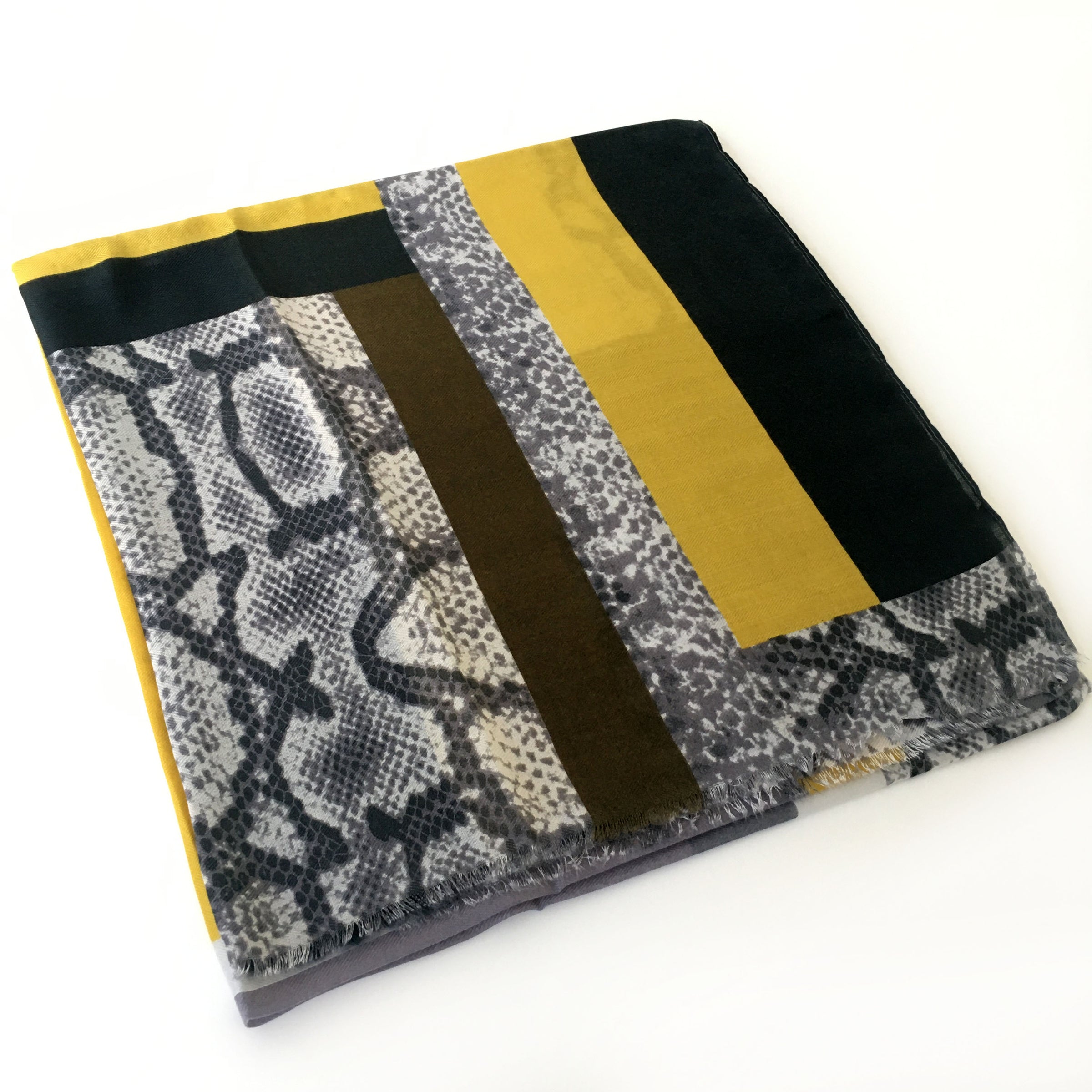 A-SHU LARGE MUSTARD YELLOW BLOCK PRINT SNAKESKIN SHAWL SCARF - A-SHU.CO.UK