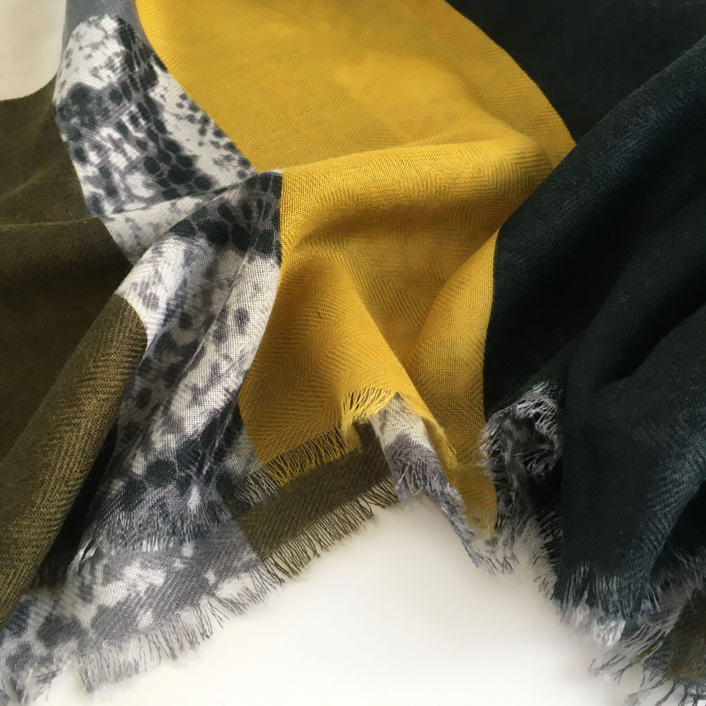 A-SHU LARGE MUSTARD YELLOW BLOCK PRINT SNAKESKIN SHAWL SCARF - A-SHU.CO.UK