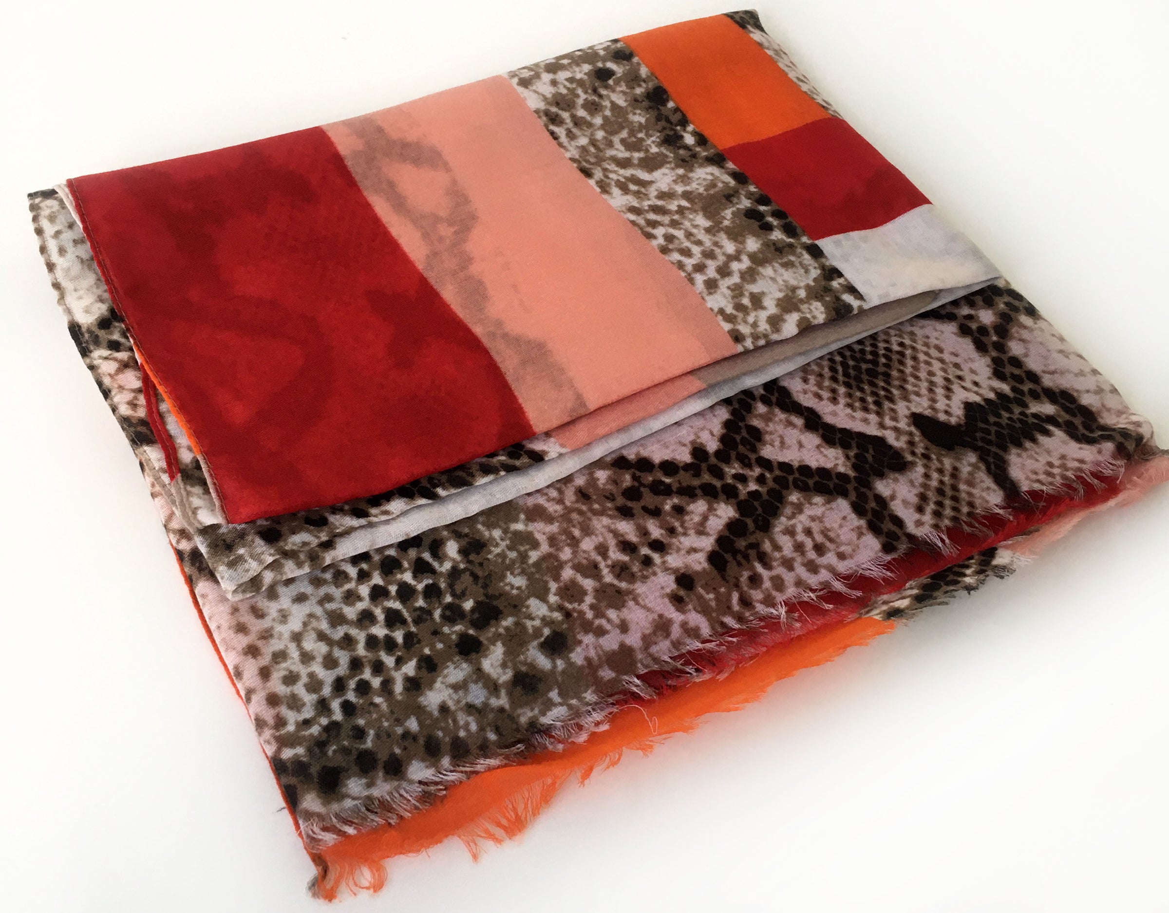 A-SHU LONG RED BLOCKS SNAKESKIN PRINT LIGHTWEIGHT SHAWL SCARF - A-SHU.CO.UK
