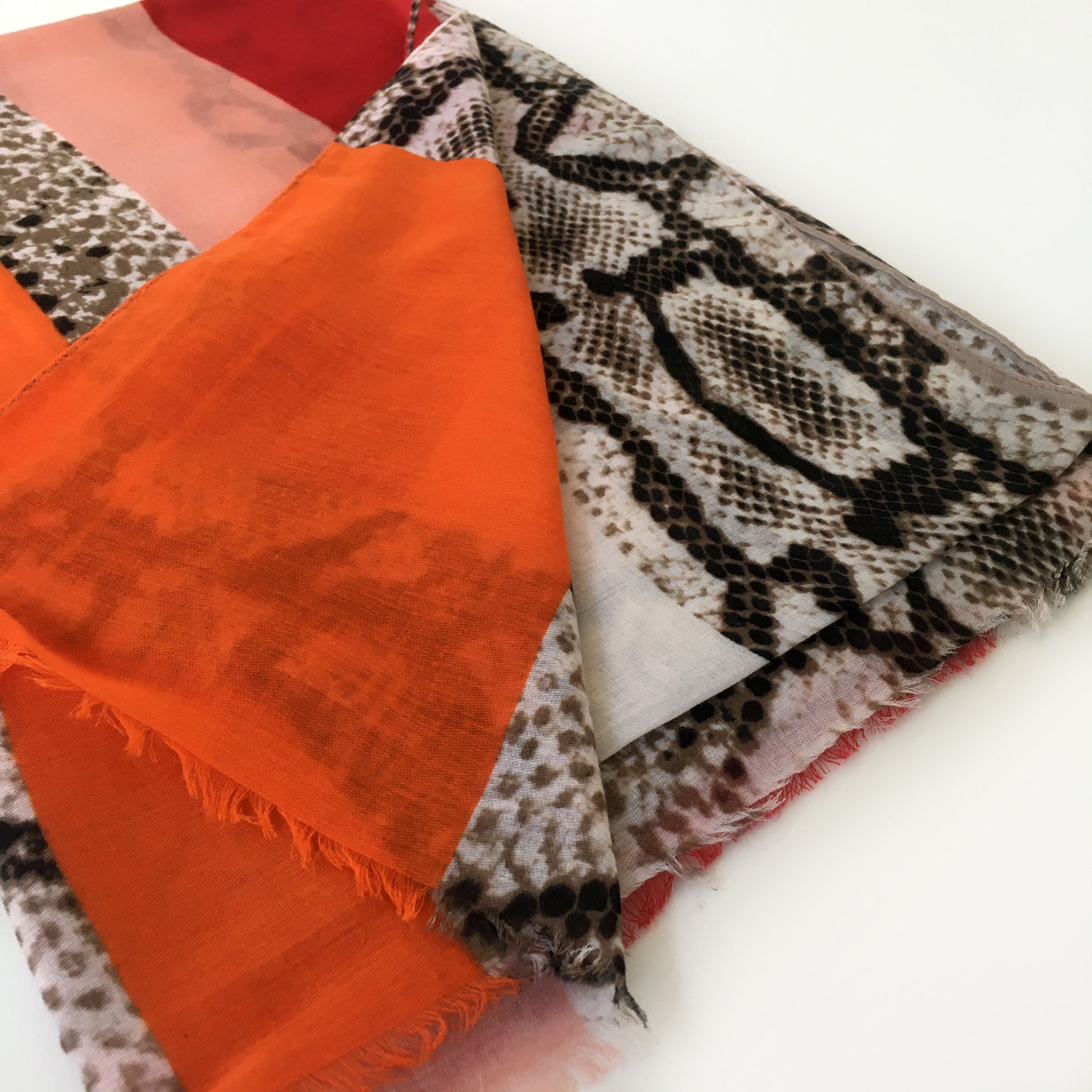 A-SHU LONG RED BLOCKS SNAKESKIN PRINT LIGHTWEIGHT SHAWL SCARF - A-SHU.CO.UK