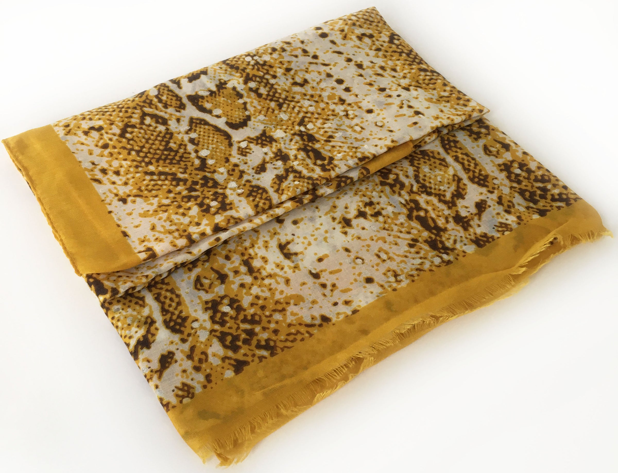 A-SHU LARGE MUSTARD YELLOW SNAKESKIN PRINT SHAWL SCARF WITH METALLIC DETAILING - A-SHU.CO.UK