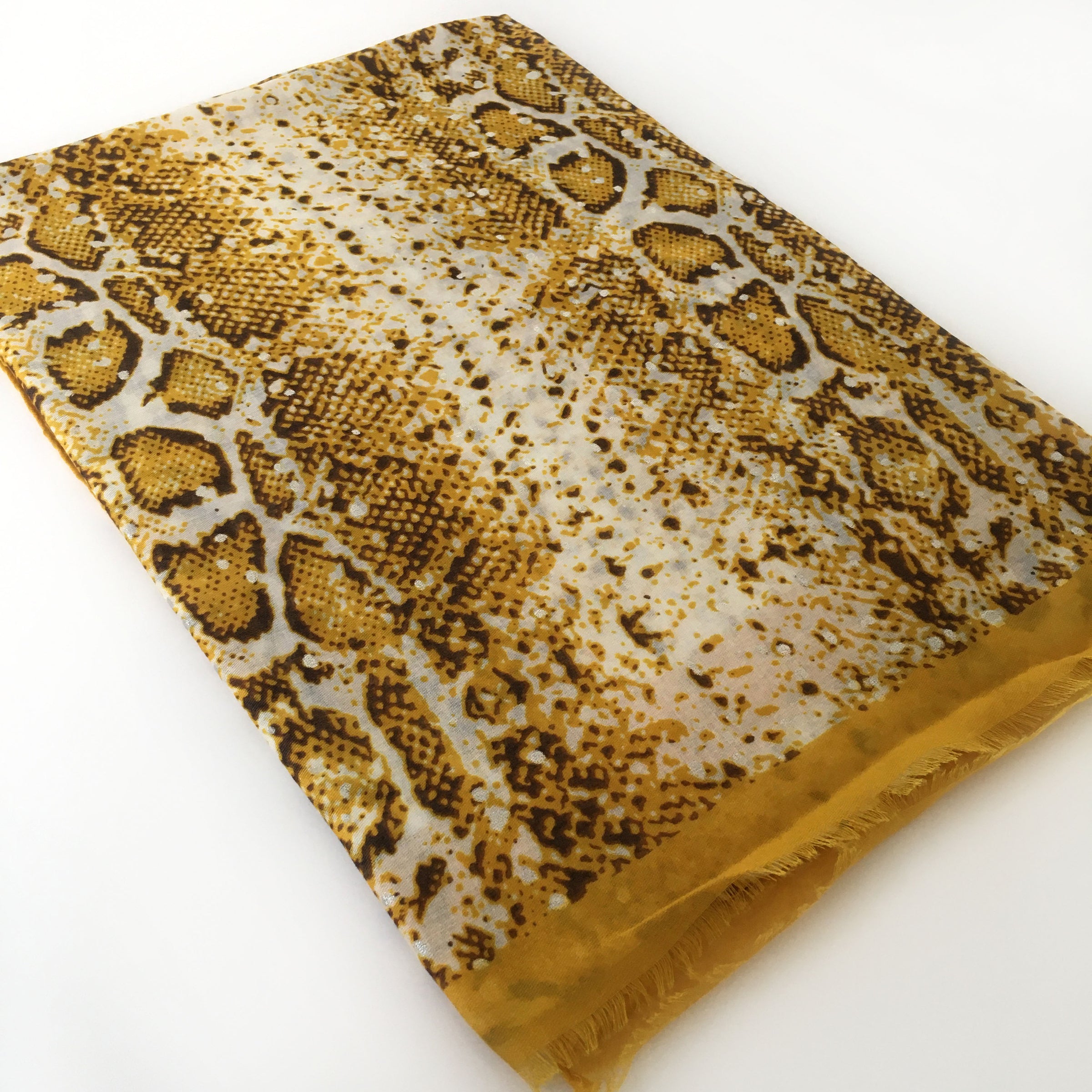 A-SHU LARGE MUSTARD YELLOW SNAKESKIN PRINT SHAWL SCARF WITH METALLIC DETAILING - A-SHU.CO.UK