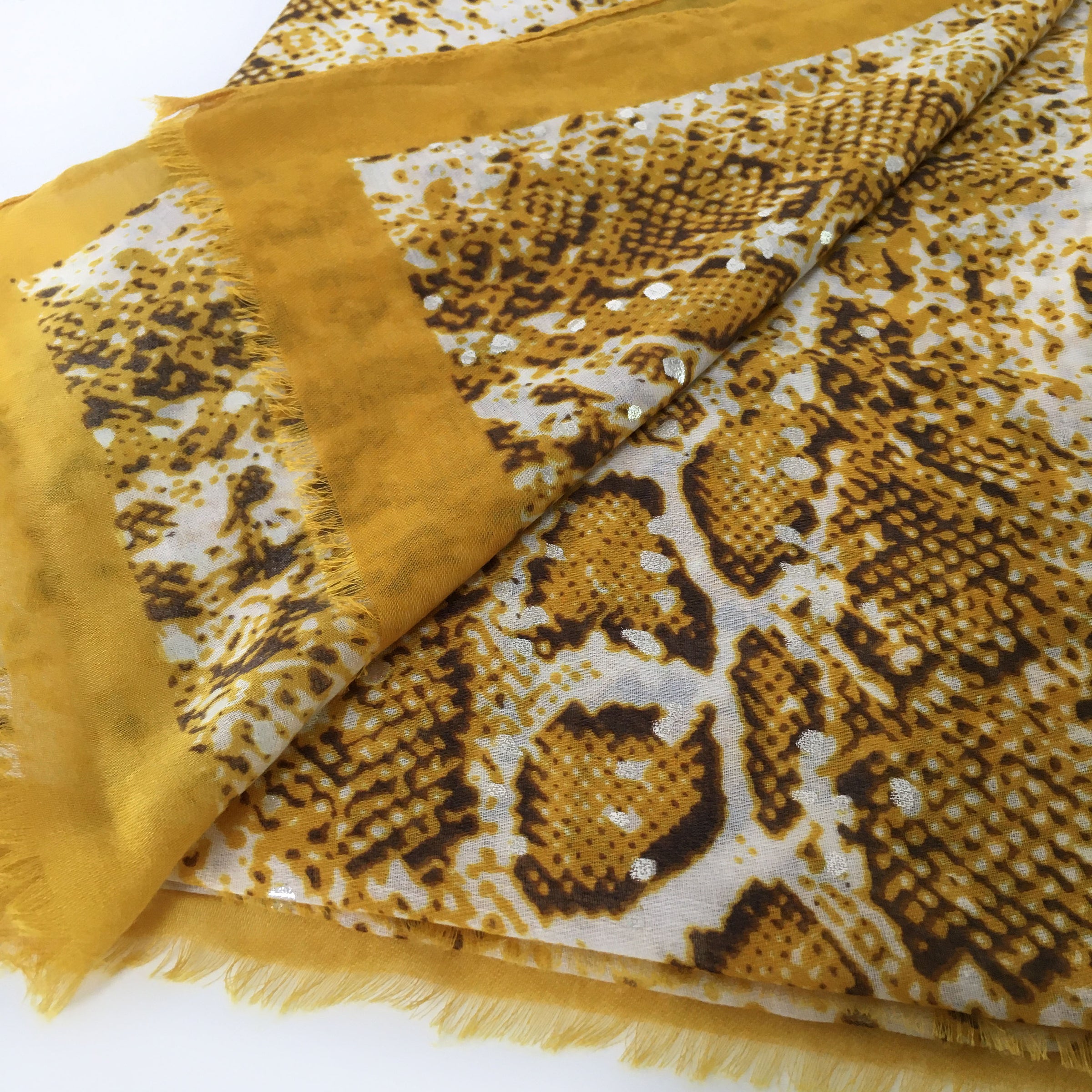 A-SHU LARGE MUSTARD YELLOW SNAKESKIN PRINT SHAWL SCARF WITH METALLIC DETAILING - A-SHU.CO.UK