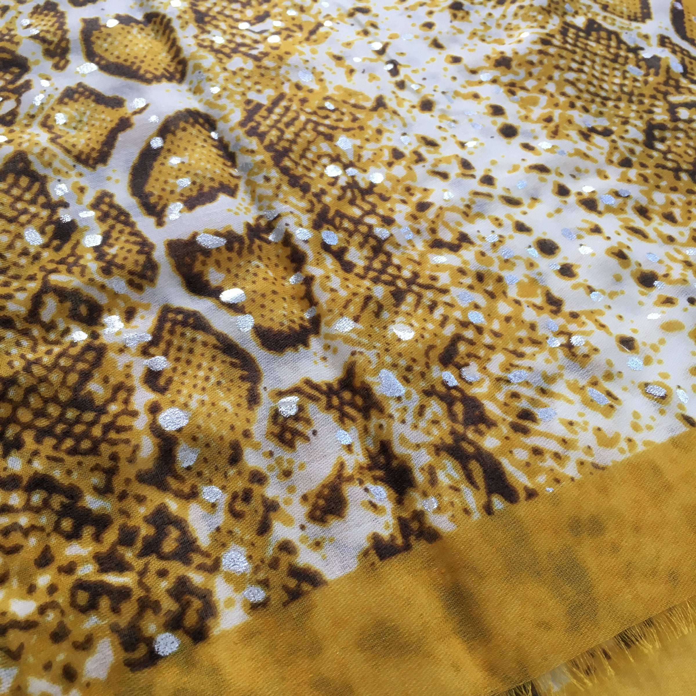 A-SHU LARGE MUSTARD YELLOW SNAKESKIN PRINT SHAWL SCARF WITH METALLIC DETAILING - A-SHU.CO.UK