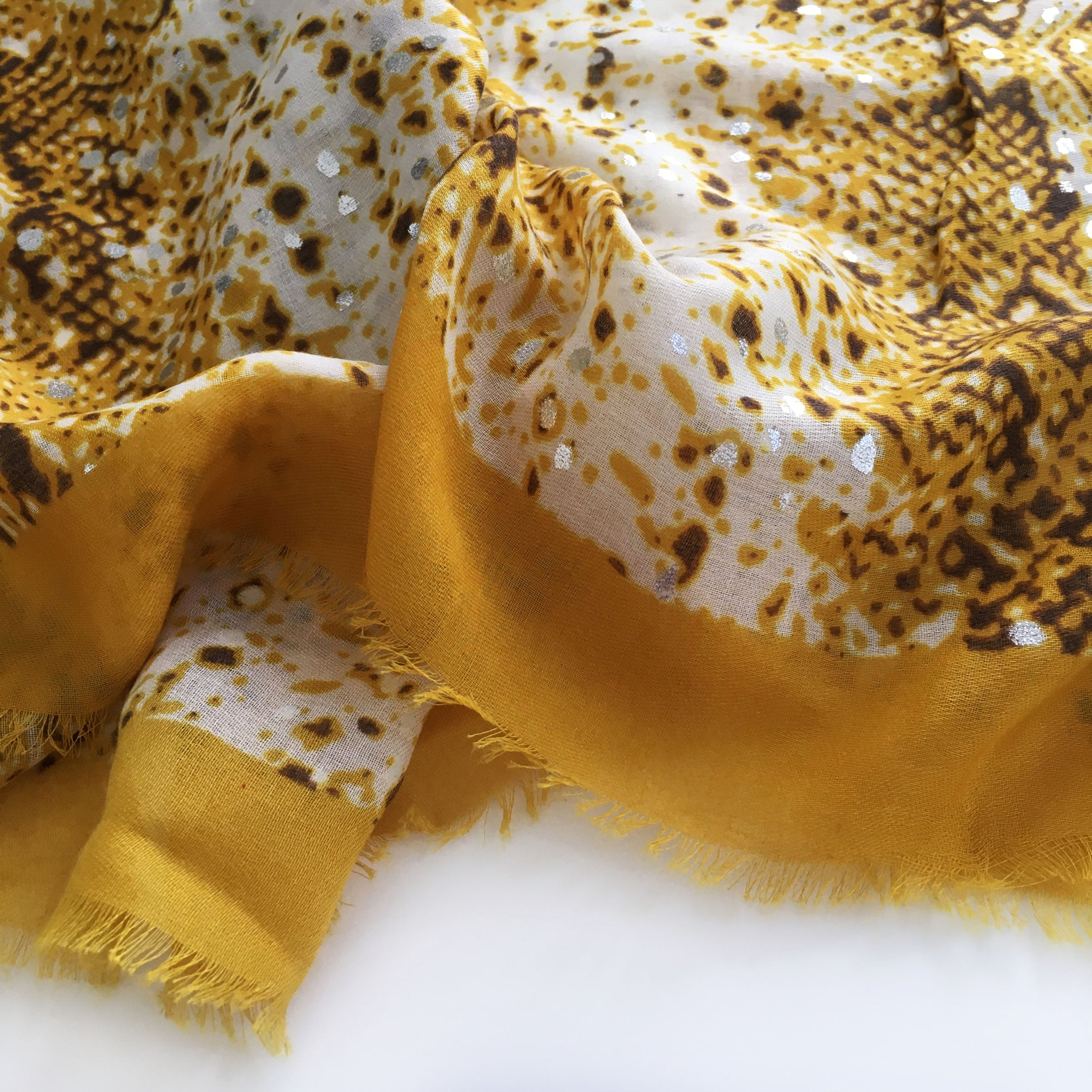 A-SHU LARGE MUSTARD YELLOW SNAKESKIN PRINT SHAWL SCARF WITH METALLIC DETAILING - A-SHU.CO.UK
