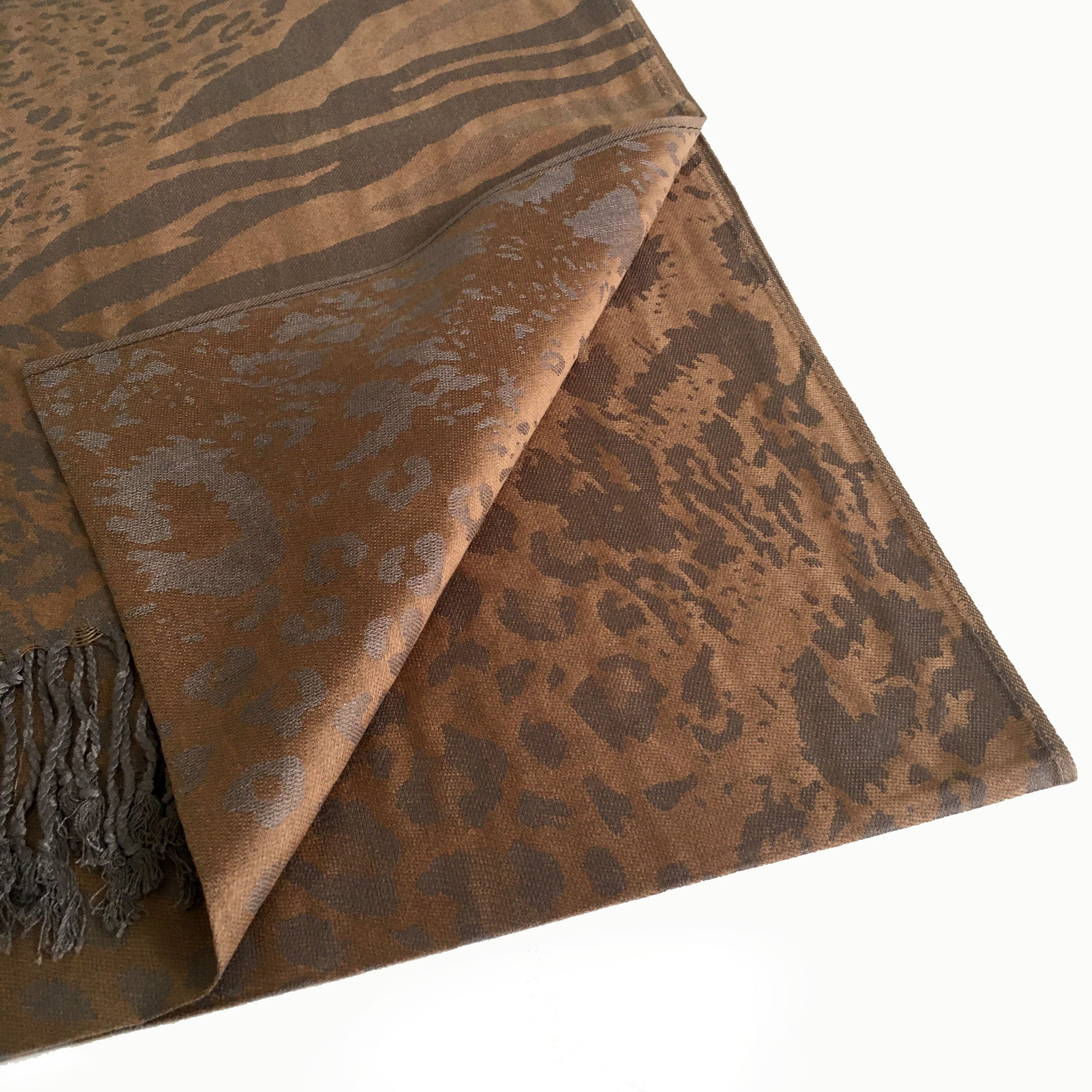 A-SHU BRONZE LARGE LEOPARD PRINT REVERSIBLE PASHMINA SHAWL SCARF - A-SHU.CO.UK