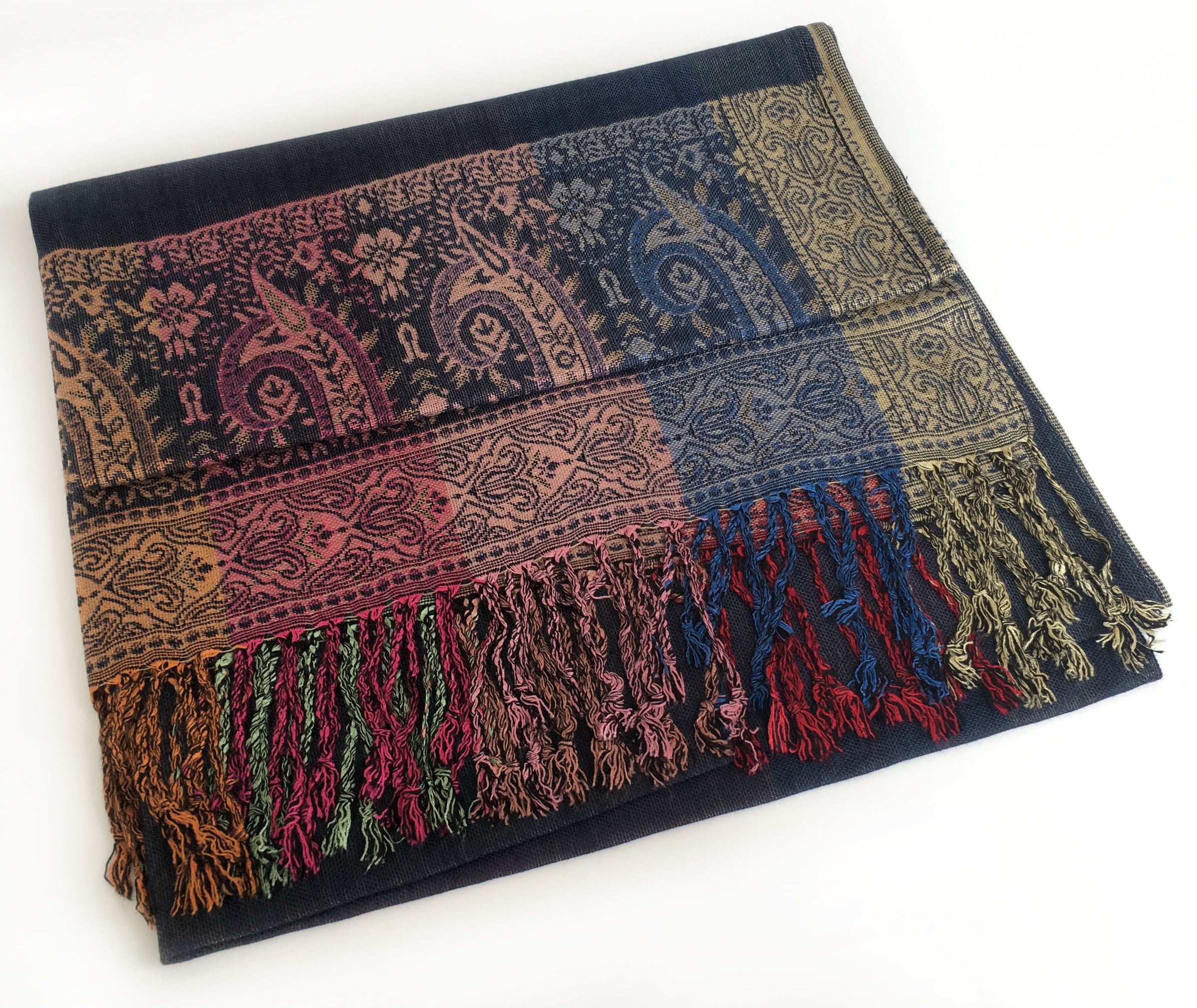A-SHU LARGE NAVY BLUE RAINBOW MULTI COLOUR PAISLEY PRINT PASHMINA SHAWL SCARF - A-SHU.CO.UK