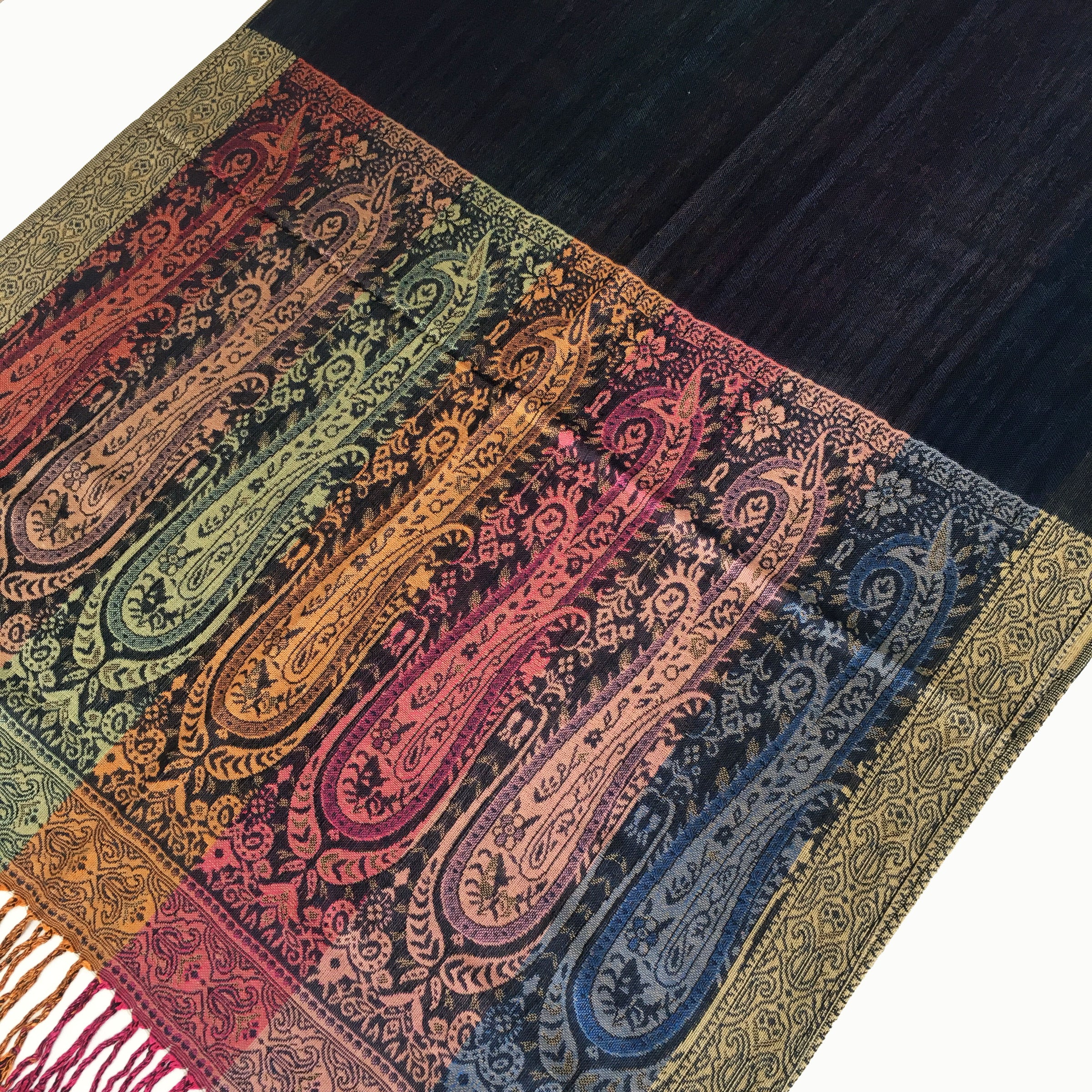 A-SHU LARGE NAVY BLUE RAINBOW MULTI COLOUR PAISLEY PRINT PASHMINA SHAWL SCARF - A-SHU.CO.UK