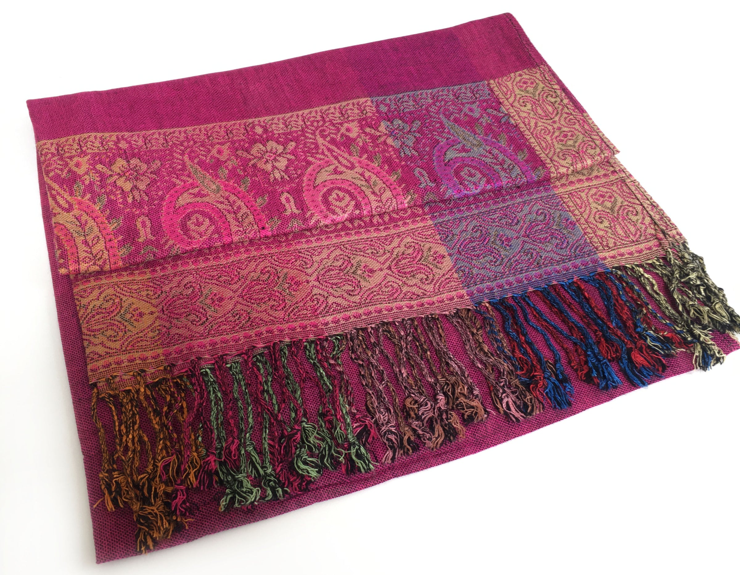 A-SHU LARGE PINK RAINBOW MULTI COLOUR PAISLEY PRINT PASHMINA SHAWL SCARF - A-SHU.CO.UK