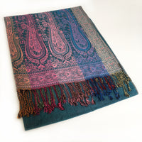 A-SHU LARGE TEAL RAINBOW MULTI COLOUR PAISLEY PRINT PASHMINA SHAWL SCARF - A-SHU.CO.UK