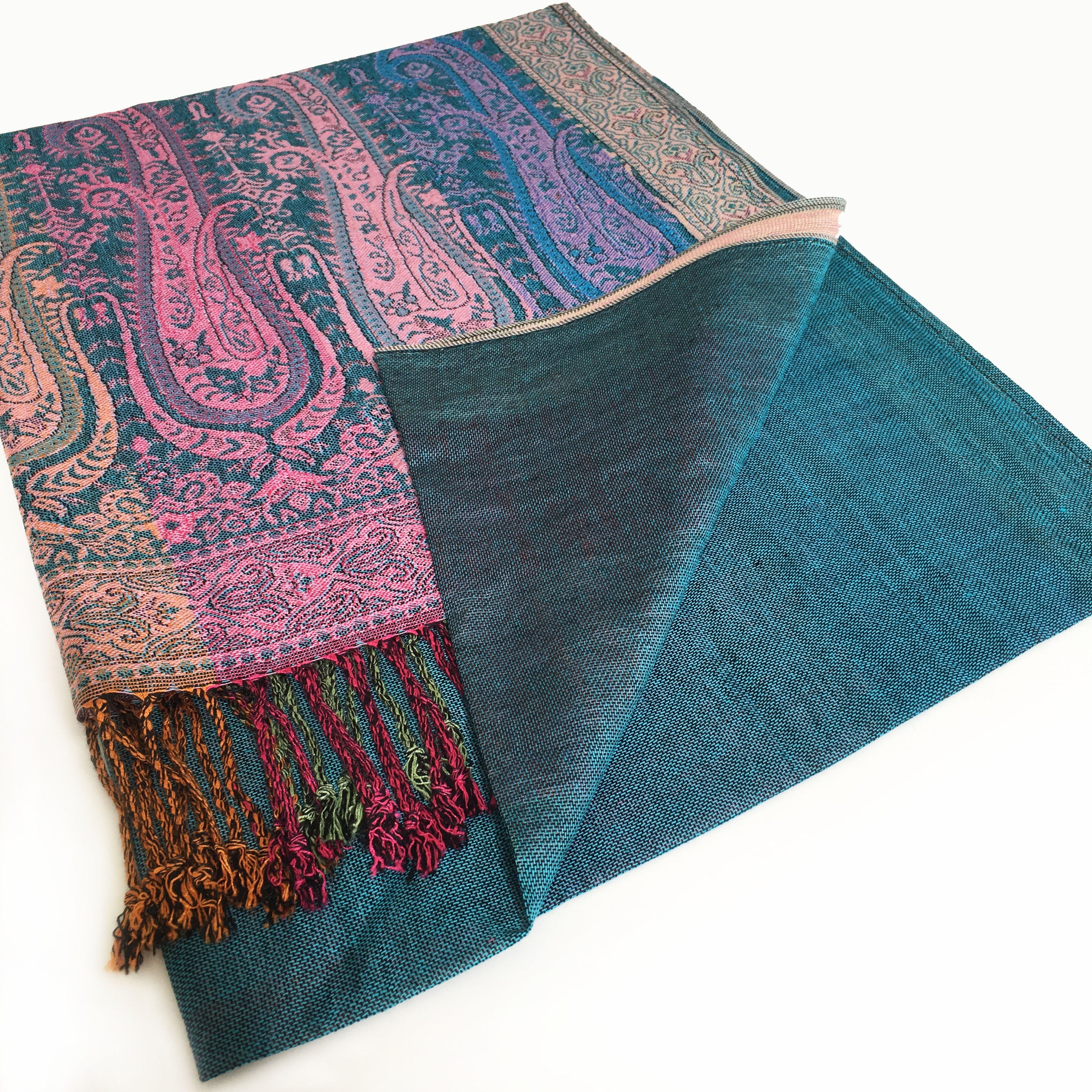 A-SHU LARGE TEAL RAINBOW MULTI COLOUR PAISLEY PRINT PASHMINA SHAWL SCARF - A-SHU.CO.UK
