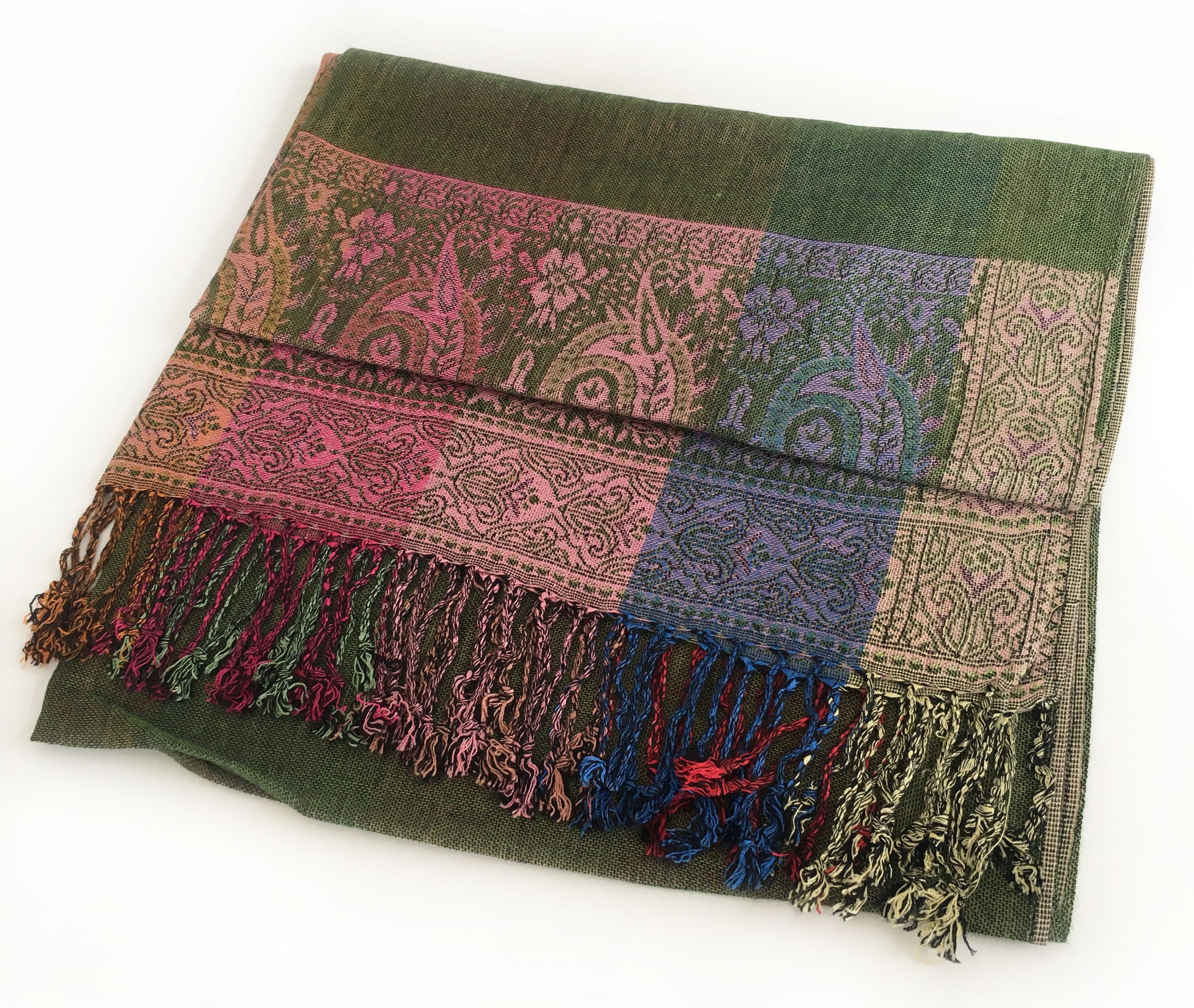 A-SHU LARGE GREEN RAINBOW MULTI COLOUR PAISLEY PRINT PASHMINA SHAWL SCARF - A-SHU.CO.UK