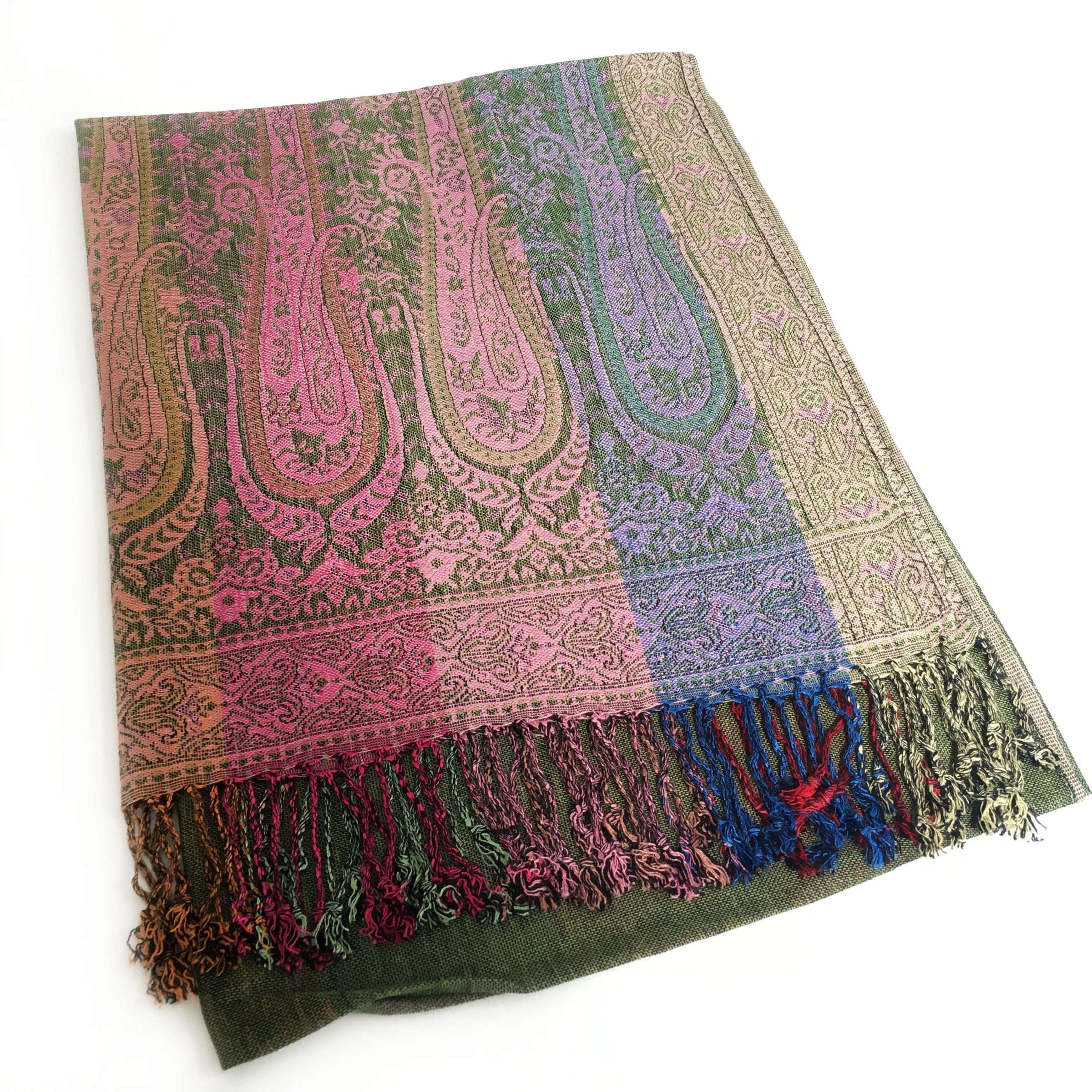 A-SHU LARGE GREEN RAINBOW MULTI COLOUR PAISLEY PRINT PASHMINA SHAWL SCARF - A-SHU.CO.UK
