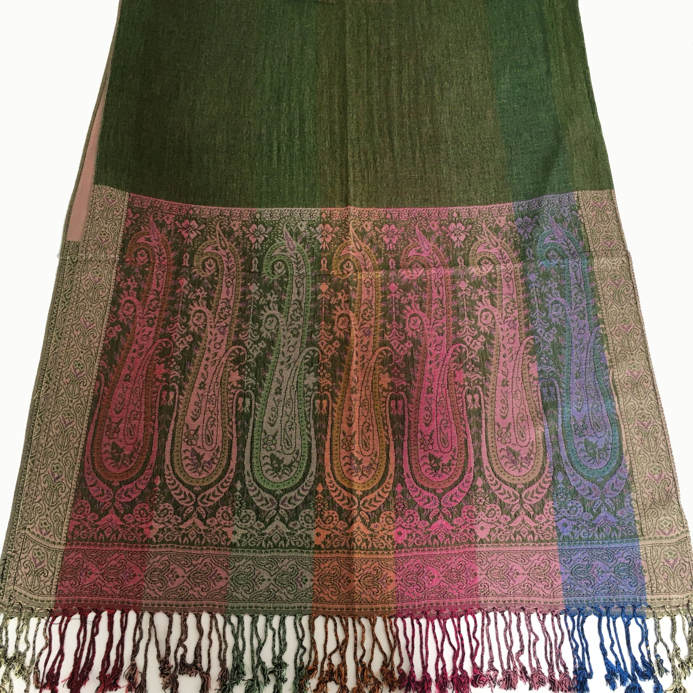 A-SHU LARGE GREEN RAINBOW MULTI COLOUR PAISLEY PRINT PASHMINA SHAWL SCARF - A-SHU.CO.UK