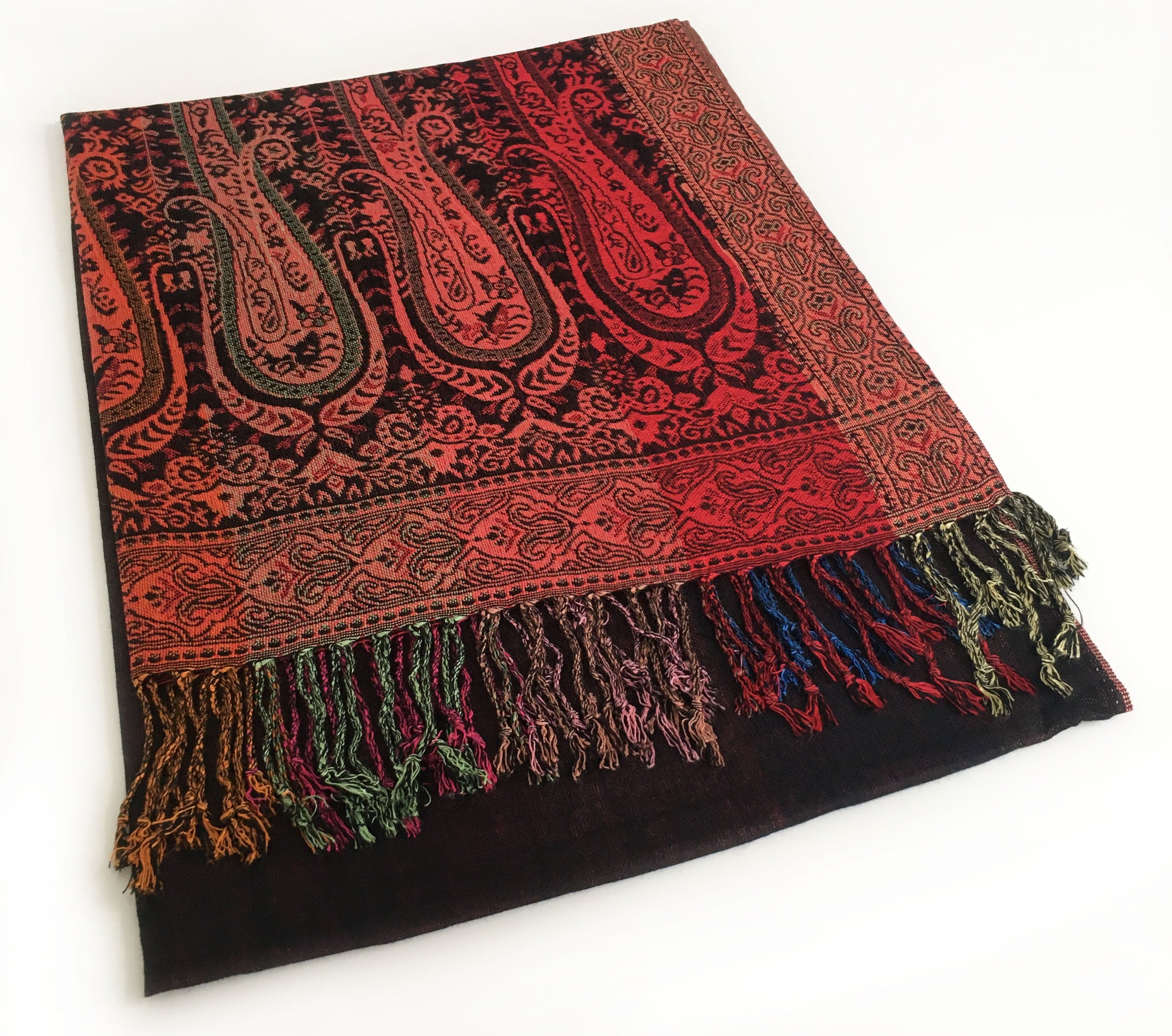 A-SHU LARGE BLACK RAINBOW MULTI COLOUR PAISLEY PRINT PASHMINA SHAWL SCARF - A-SHU.CO.UK