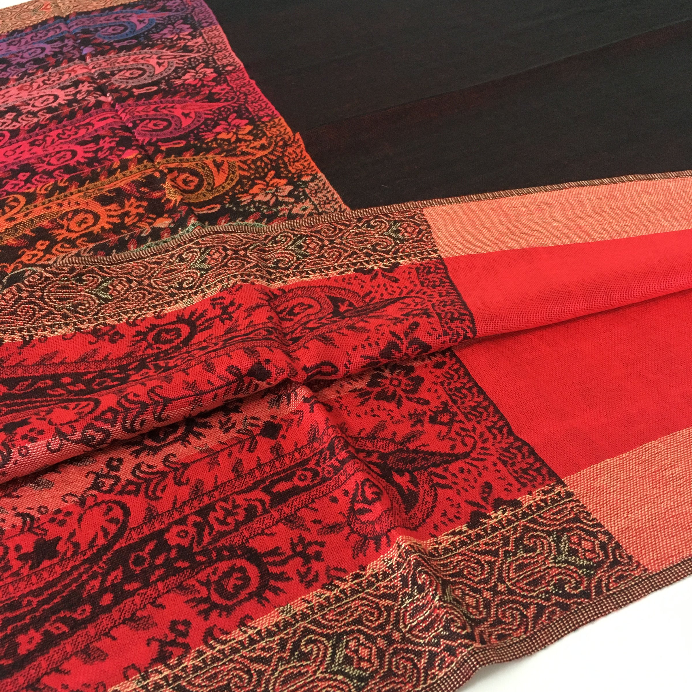 A-SHU LARGE BLACK RAINBOW MULTI COLOUR PAISLEY PRINT PASHMINA SHAWL SCARF - A-SHU.CO.UK