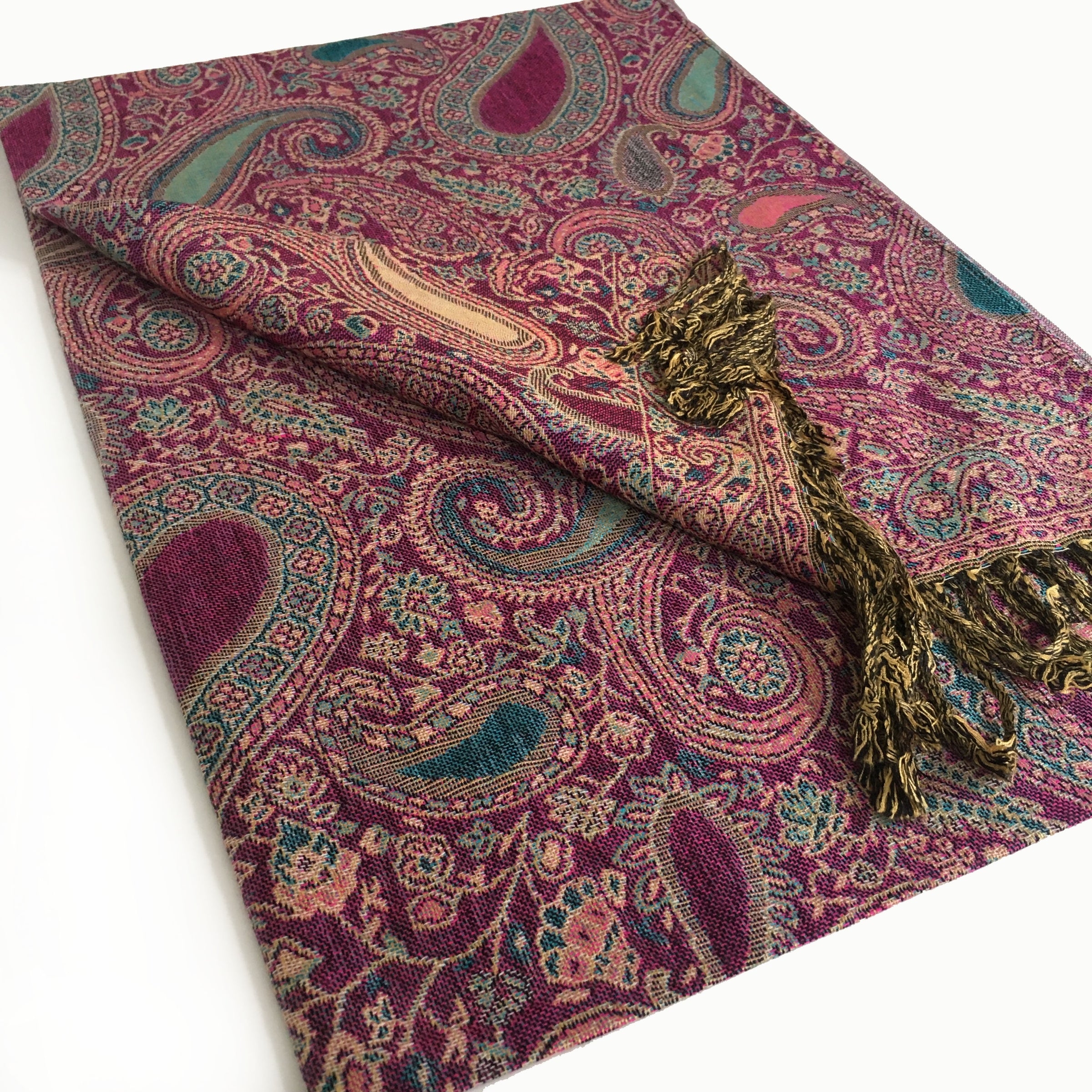 A-SHU LARGE FUSCHIA PINK MULTI COLOUR PAISLEY PRINT PASHMINA SHAWL SCARF - A-SHU.CO.UK