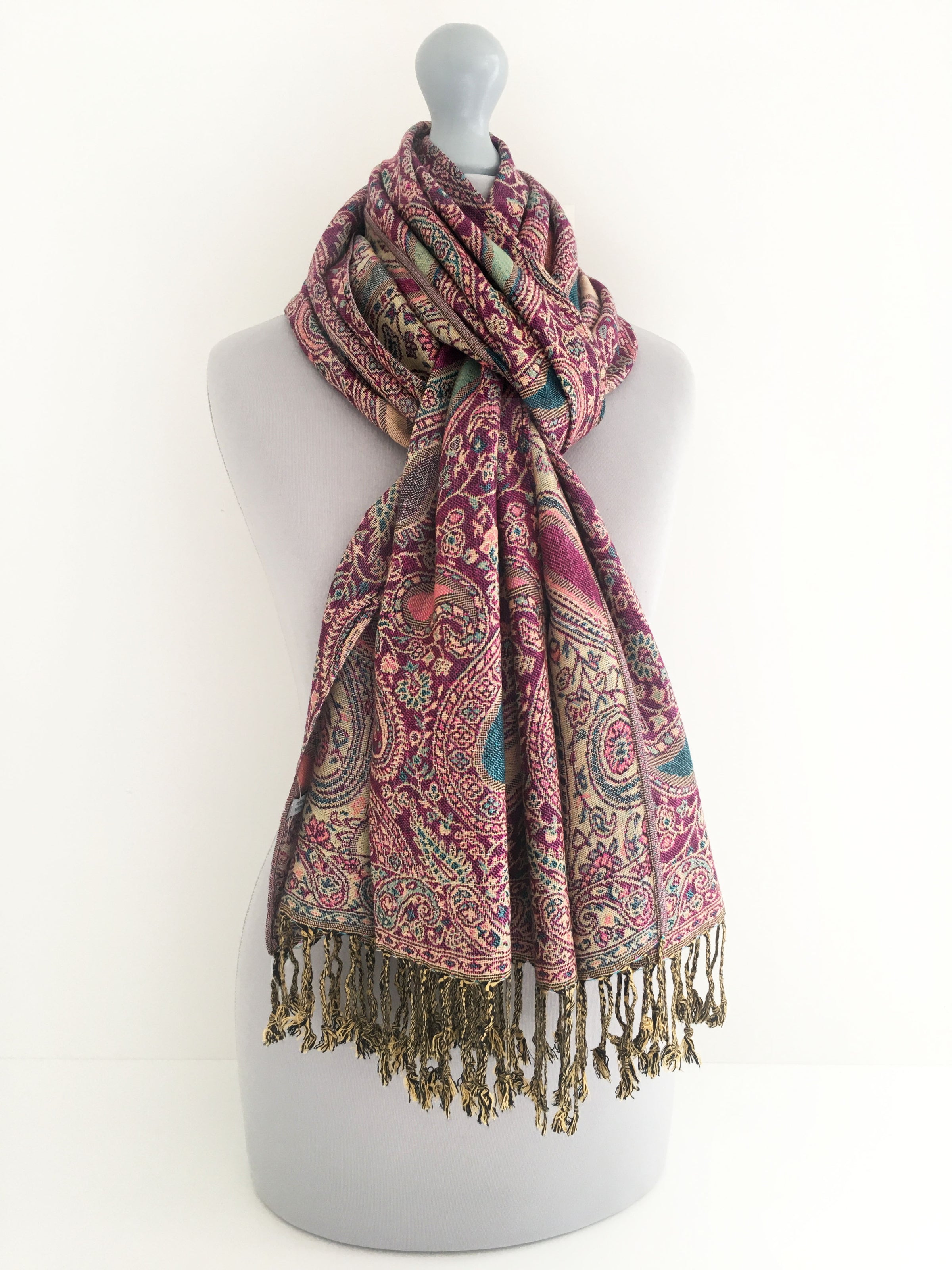 A-SHU LARGE FUSCHIA PINK MULTI COLOUR PAISLEY PRINT PASHMINA SHAWL SCARF - A-SHU.CO.UK
