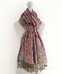 A-SHU LARGE FUSCHIA PINK MULTI COLOUR PAISLEY PRINT PASHMINA SHAWL SCARF - A-SHU.CO.UK