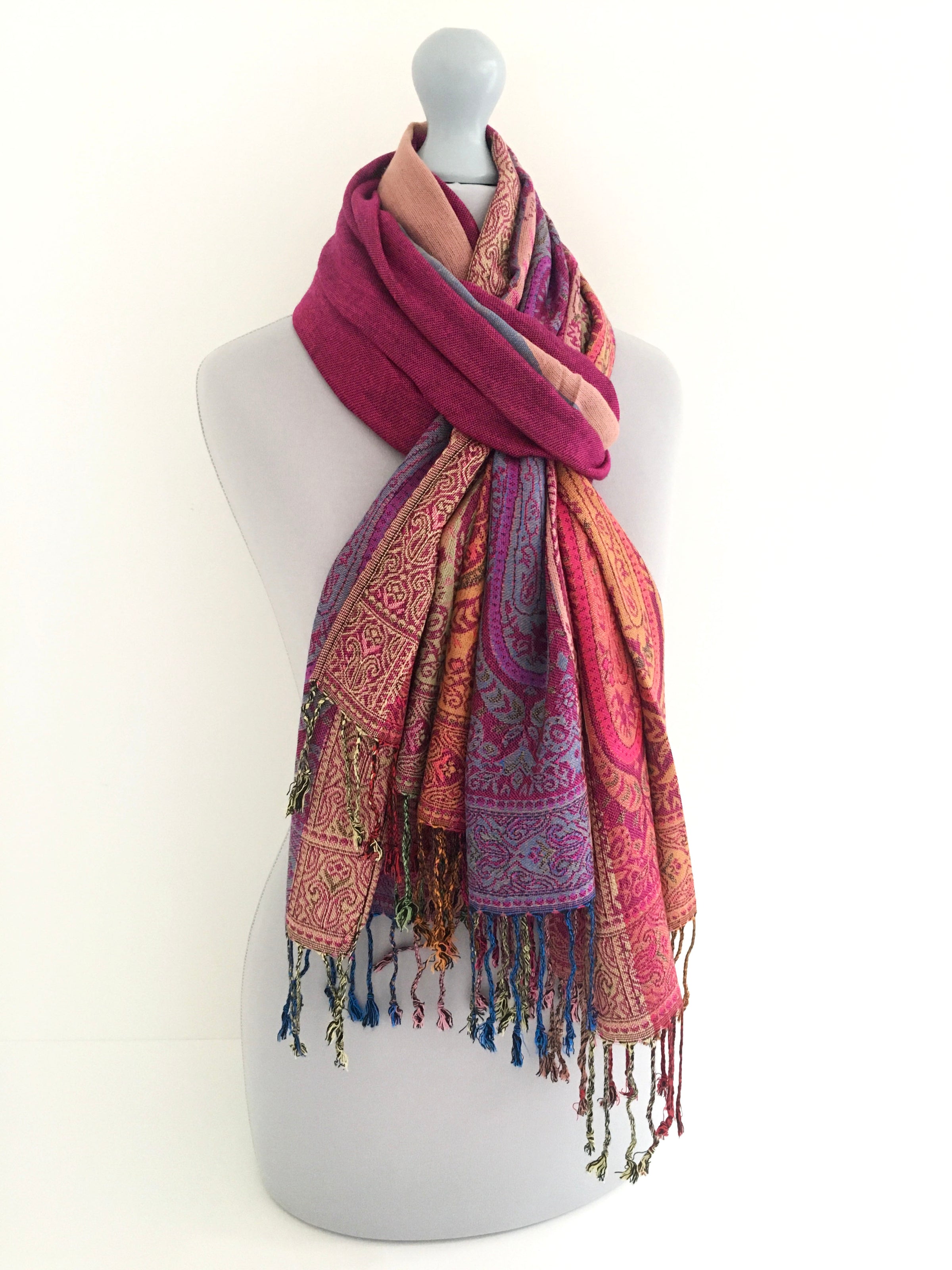 A-SHU LARGE PINK RAINBOW MULTI COLOUR PAISLEY PRINT PASHMINA SHAWL SCARF - A-SHU.CO.UK