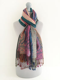 A-SHU LARGE TEAL RAINBOW MULTI COLOUR PAISLEY PRINT PASHMINA SHAWL SCARF - A-SHU.CO.UK