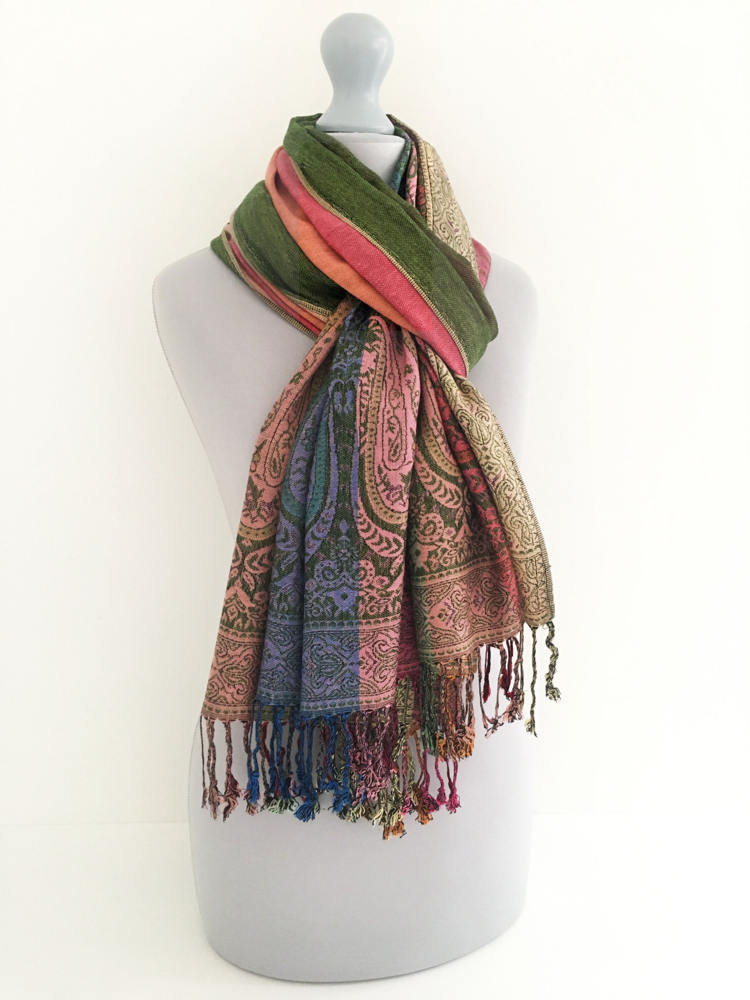 A-SHU LARGE GREEN RAINBOW MULTI COLOUR PAISLEY PRINT PASHMINA SHAWL SCARF - A-SHU.CO.UK