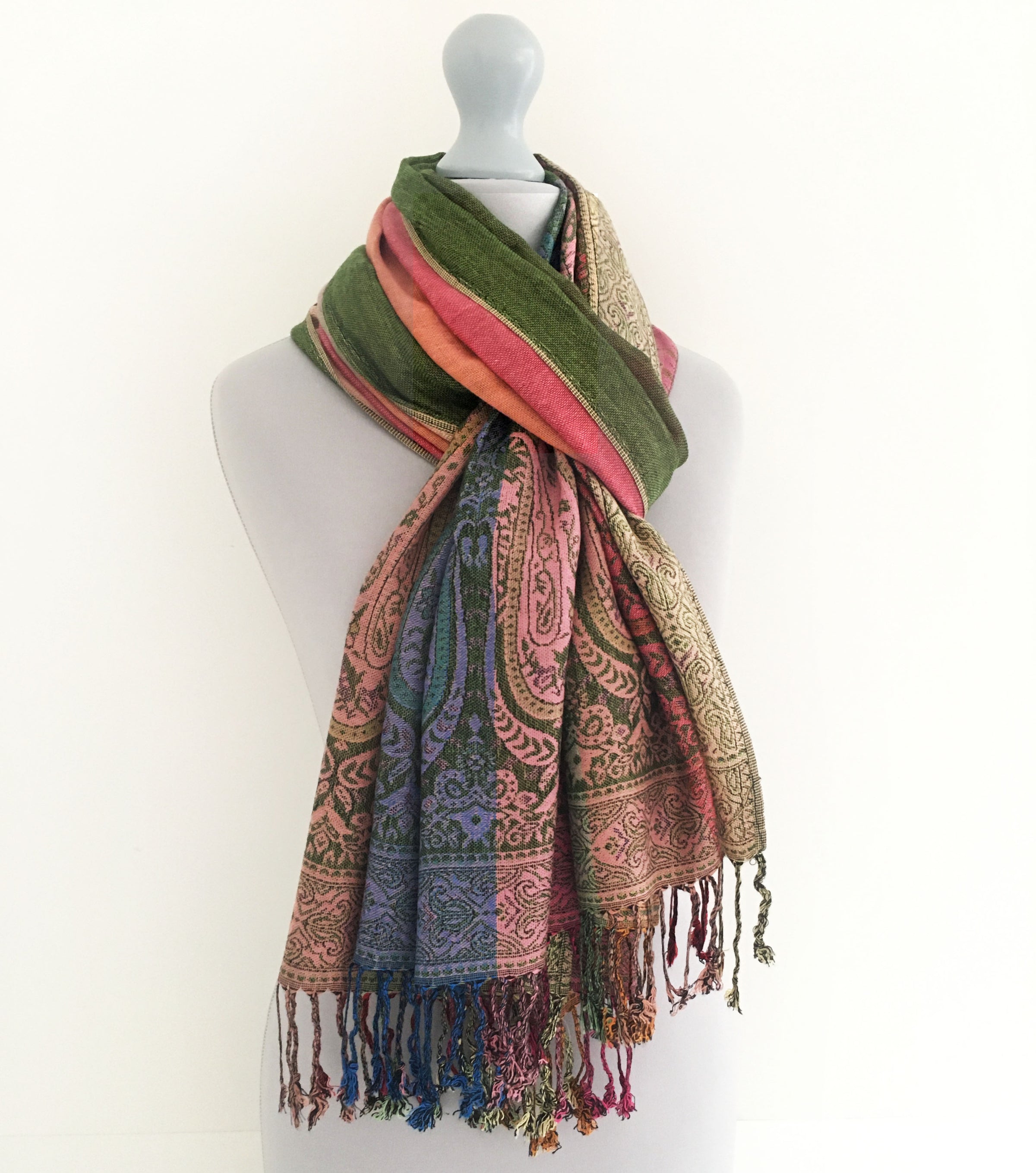 A-SHU LARGE GREEN RAINBOW MULTI COLOUR PAISLEY PRINT PASHMINA SHAWL SCARF - A-SHU.CO.UK