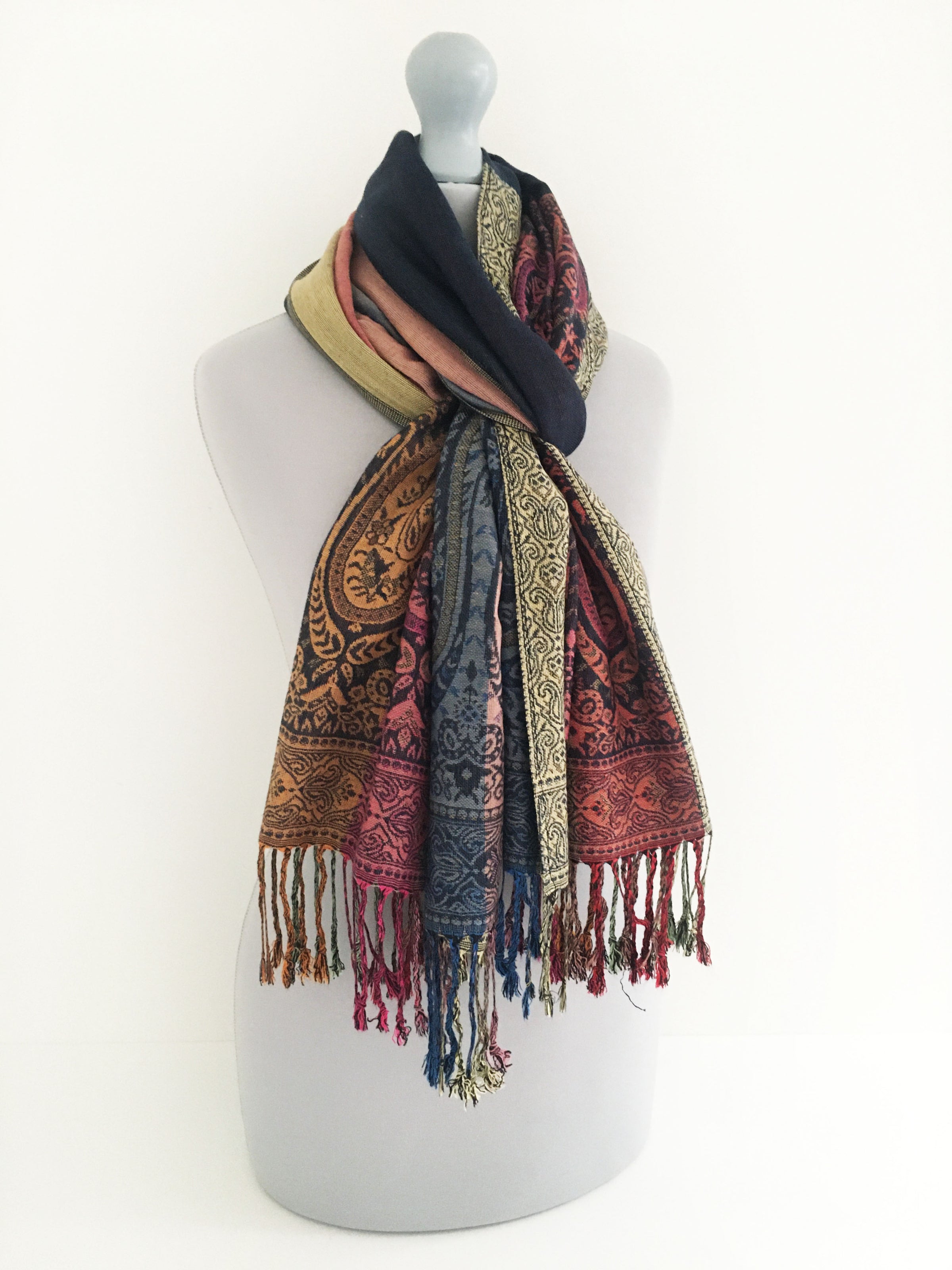 A-SHU LARGE NAVY BLUE RAINBOW MULTI COLOUR PAISLEY PRINT PASHMINA SHAWL SCARF - A-SHU.CO.UK