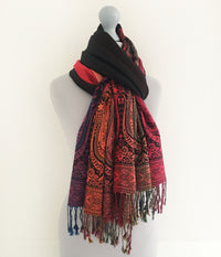 A-SHU LARGE BLACK RAINBOW MULTI COLOUR PAISLEY PRINT PASHMINA SHAWL SCARF - A-SHU.CO.UK