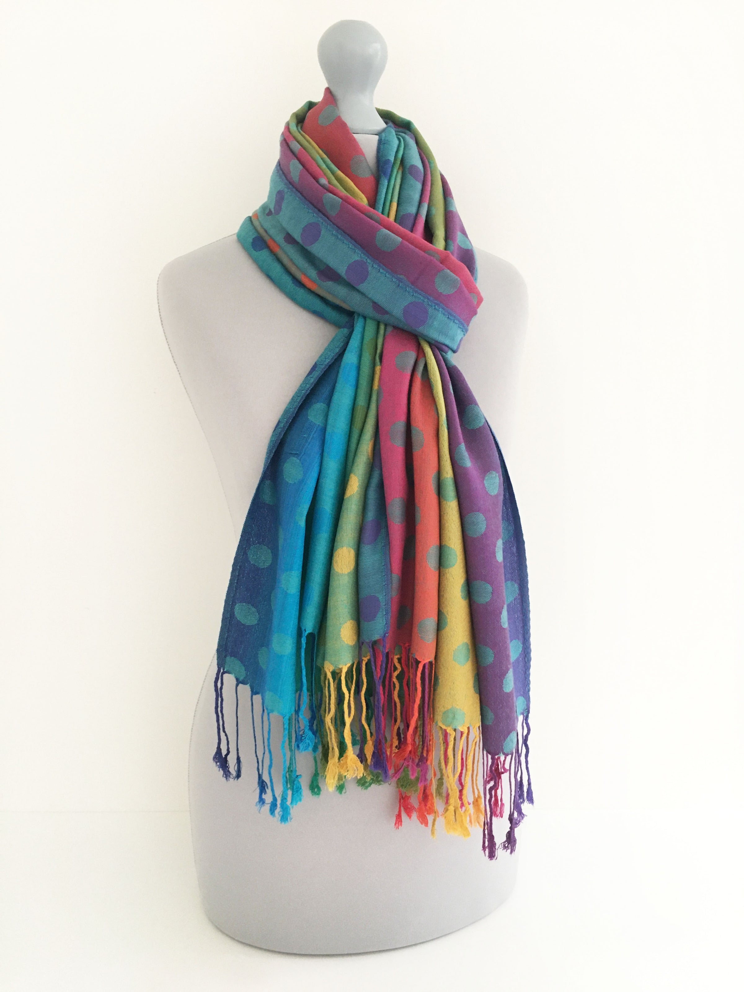 A-SHU LARGE TEAL BLUE MULTI-COLOUR DOT PRINT PASHMINA SHAWL SCARF - A-SHU.CO.UK