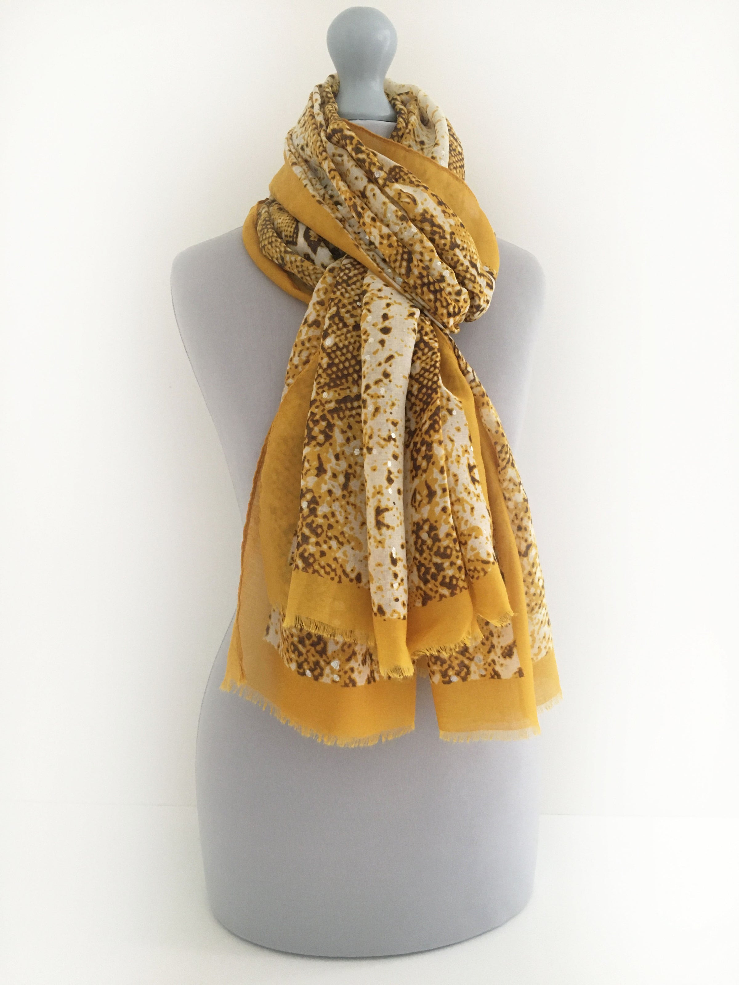 A-SHU LARGE MUSTARD YELLOW SNAKESKIN PRINT SHAWL SCARF WITH METALLIC DETAILING - A-SHU.CO.UK