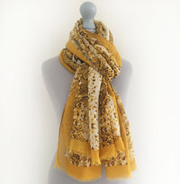 A-SHU LARGE MUSTARD YELLOW SNAKESKIN PRINT SHAWL SCARF WITH METALLIC DETAILING - A-SHU.CO.UK