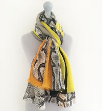 A-SHU LONG MUSTARD YELLOW BLOCKS SNAKESKIN PRINT LIGHTWEIGHT SHAWL SCARF - A-SHU.CO.UK