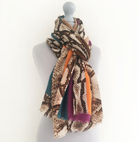 A-SHU LARGE ORANGE BLOCK PRINT SNAKESKIN SHAWL SCARF - A-SHU.CO.UK