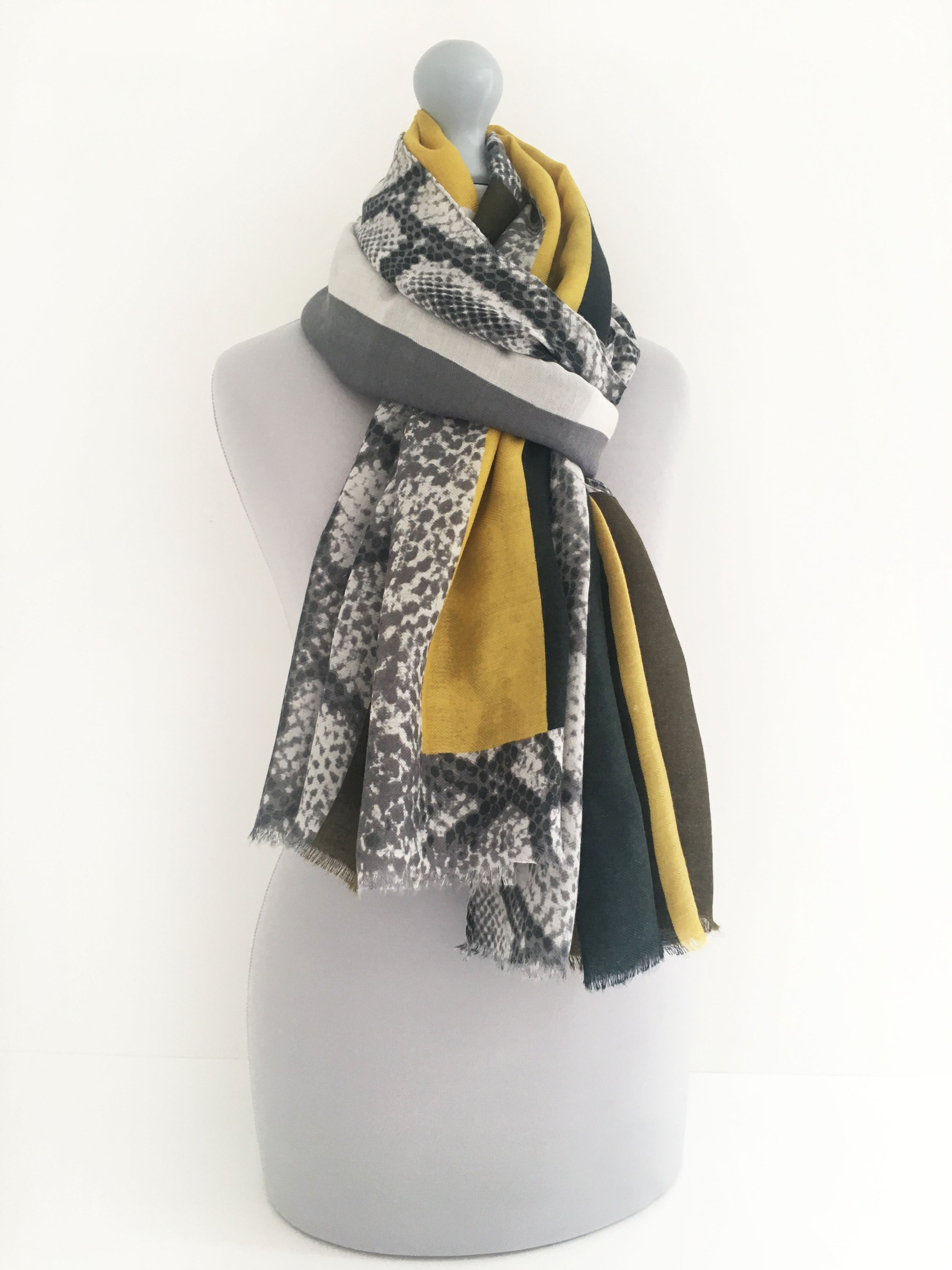 A-SHU LARGE MUSTARD YELLOW BLOCK PRINT SNAKESKIN SHAWL SCARF - A-SHU.CO.UK