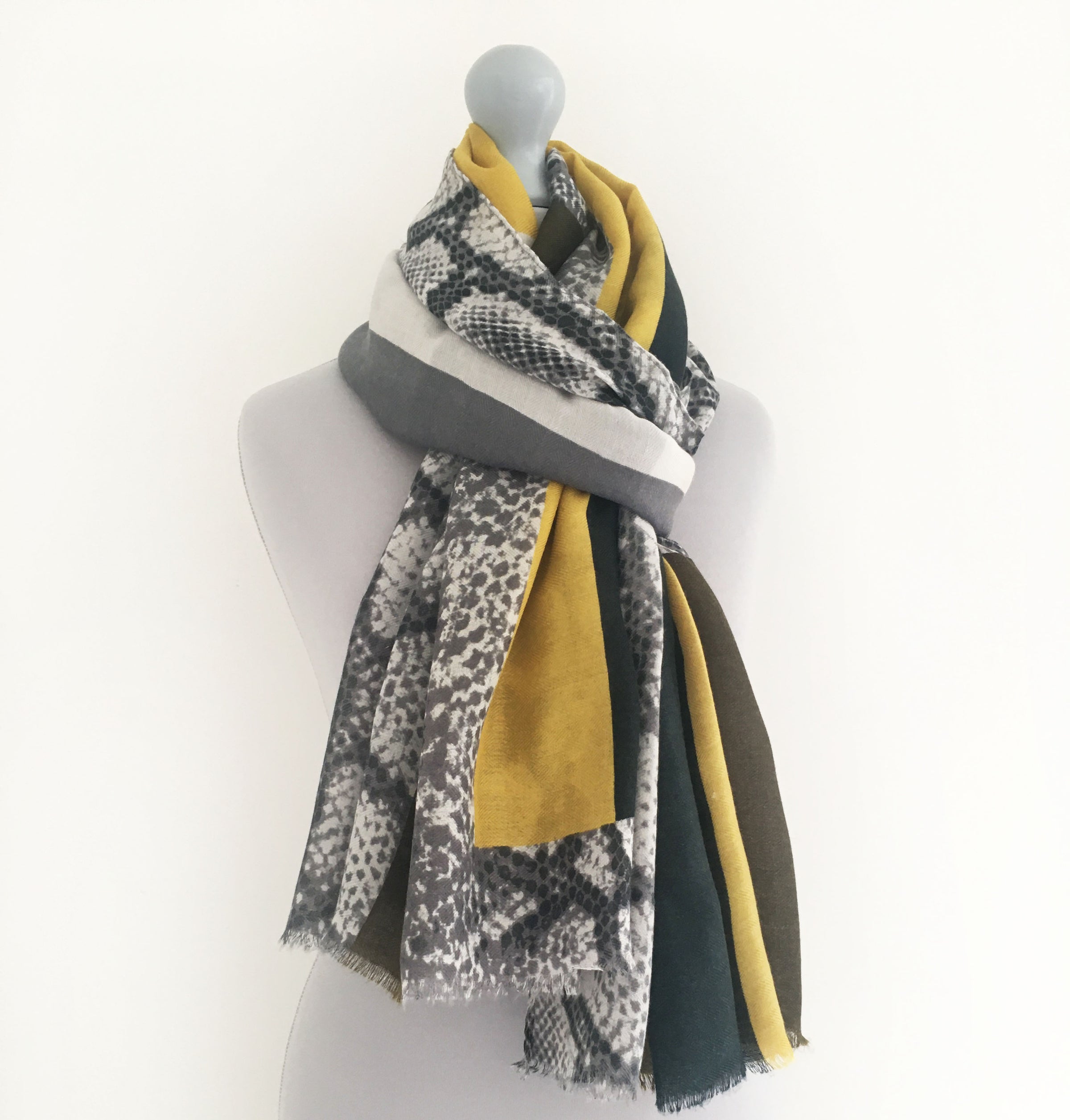 A-SHU LARGE MUSTARD YELLOW BLOCK PRINT SNAKESKIN SHAWL SCARF - A-SHU.CO.UK