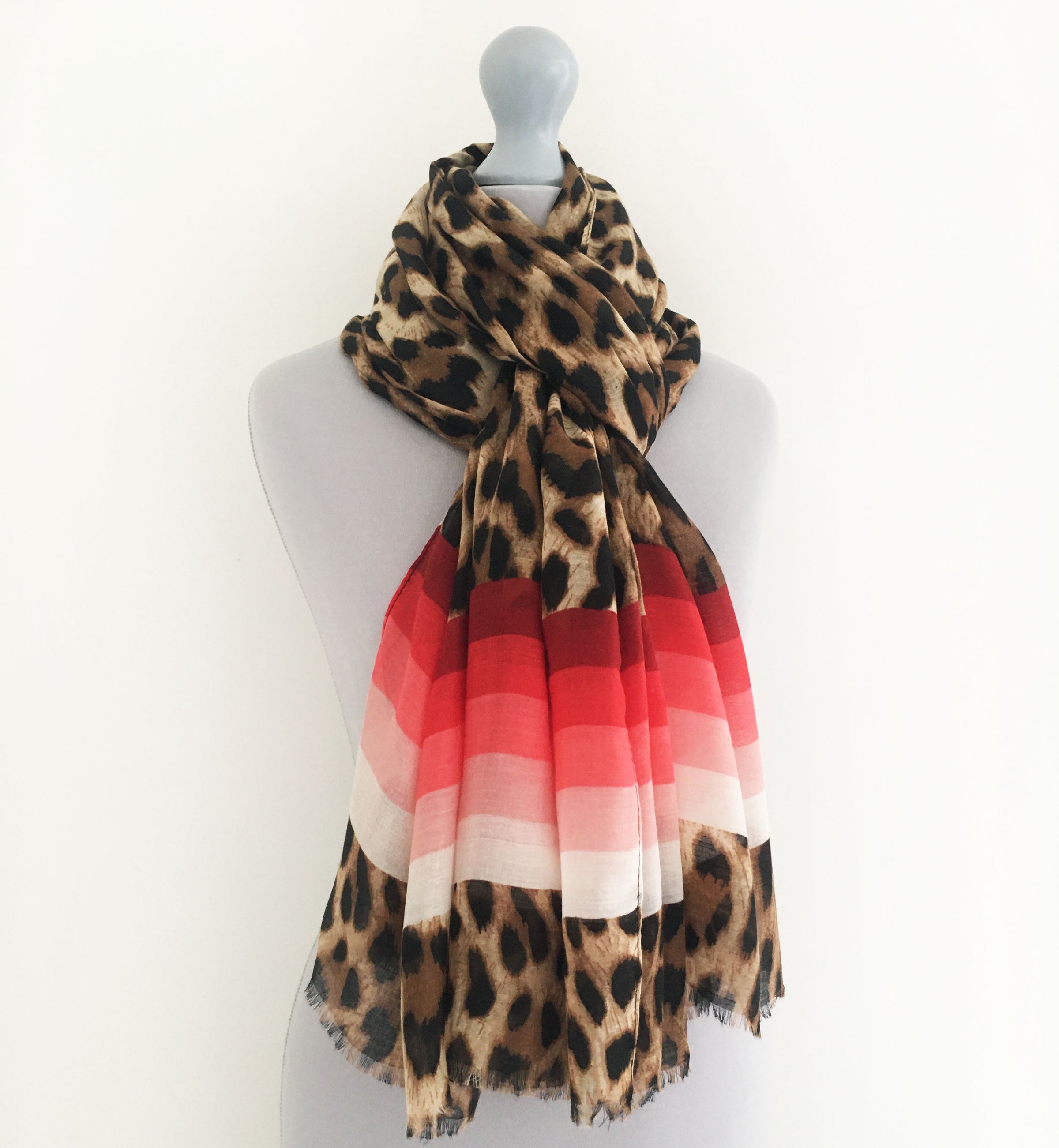 A-SHU LARGE LEOPARD PRINT SHAWL SCARF WITH RED STRIPES - A-SHU.CO.UK