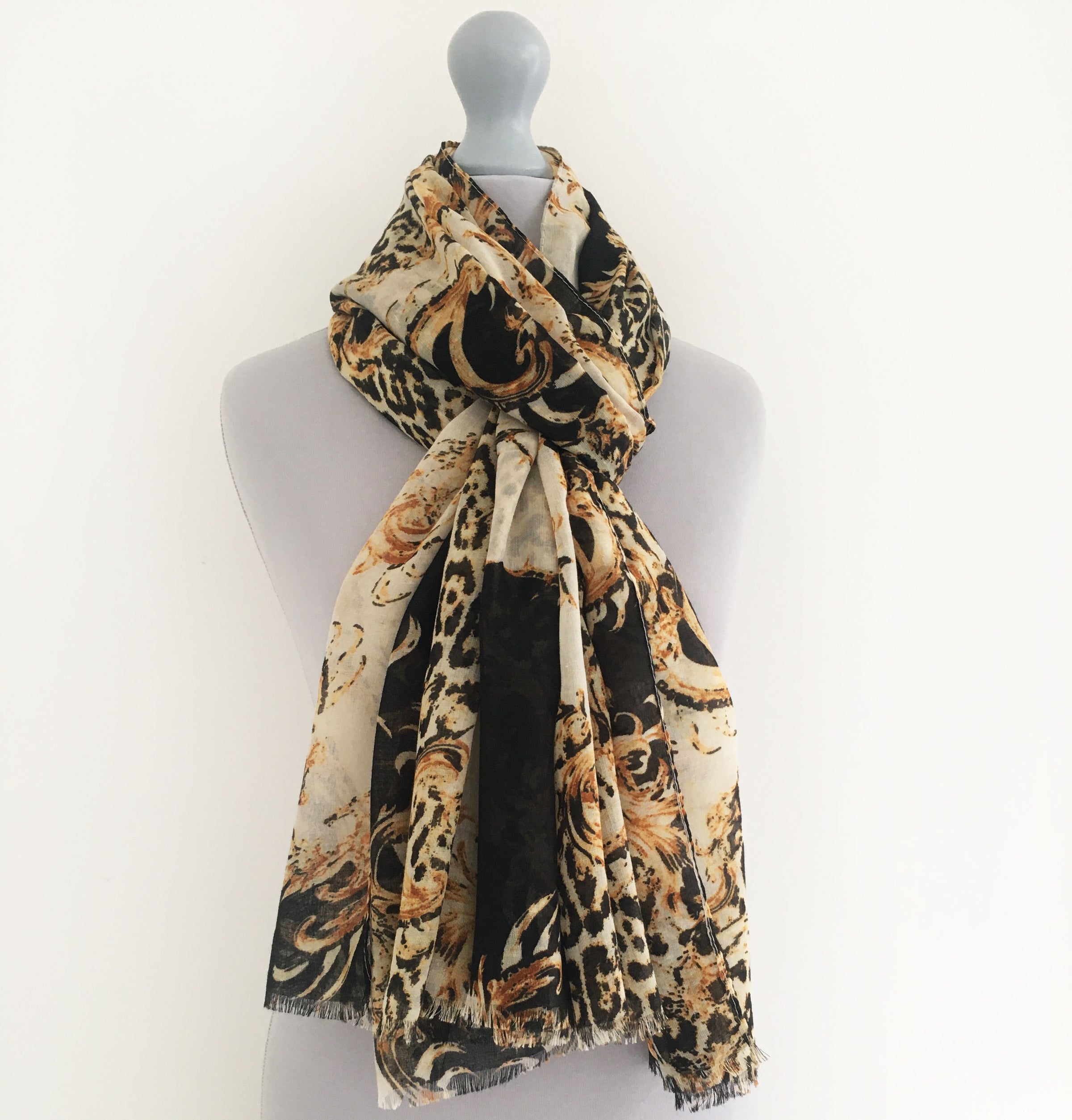 A-SHU LARGE BLACK VINTAGE LEOPARD PRINT SHAWL SCARF - A-SHU.CO.UK