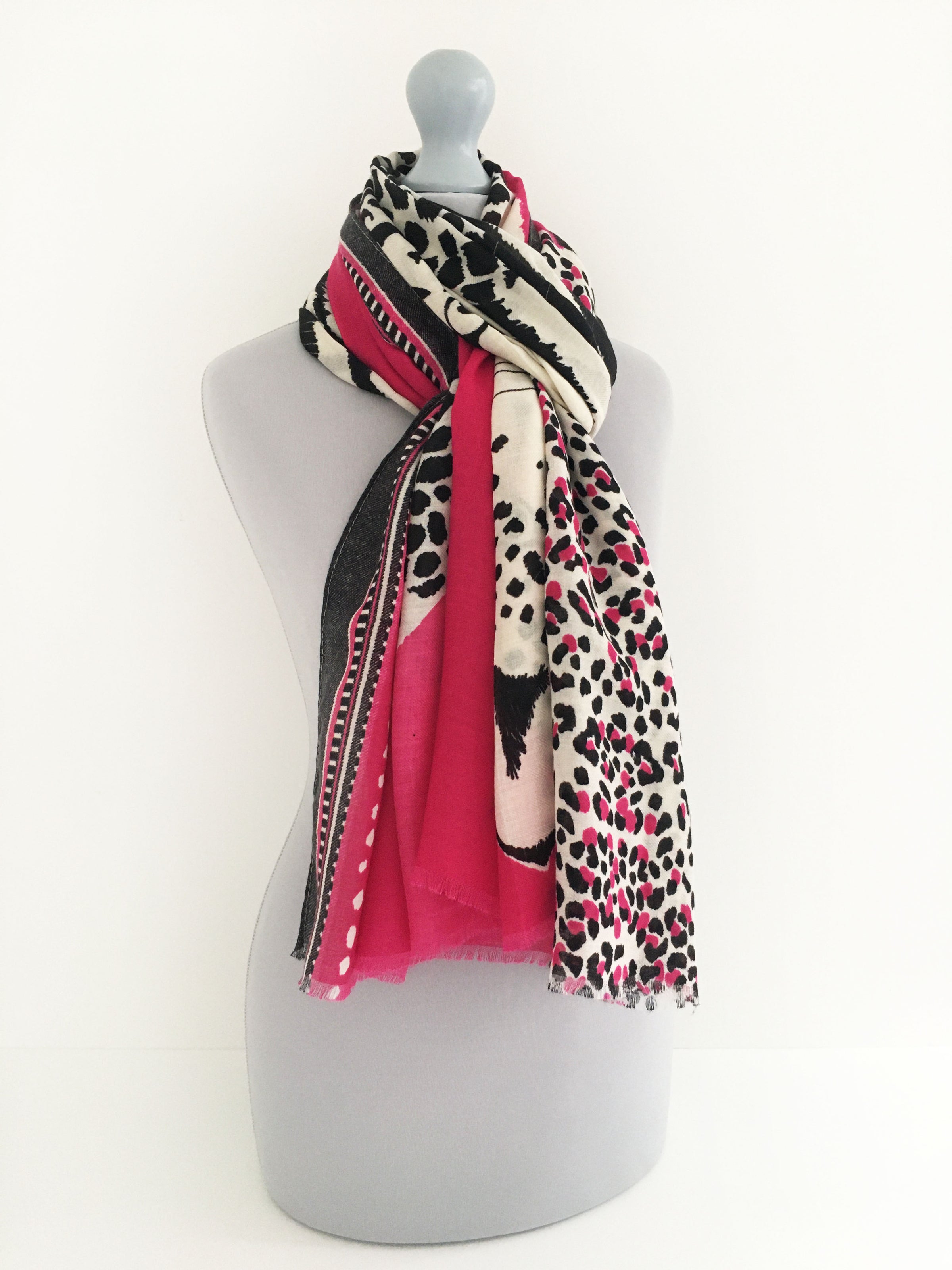 A-SHU LARGE FUSCHIA PINK COTTON MIX TIGER AND LEOPARD PRINT SHAWL SCARF - A-SHU.CO.UK