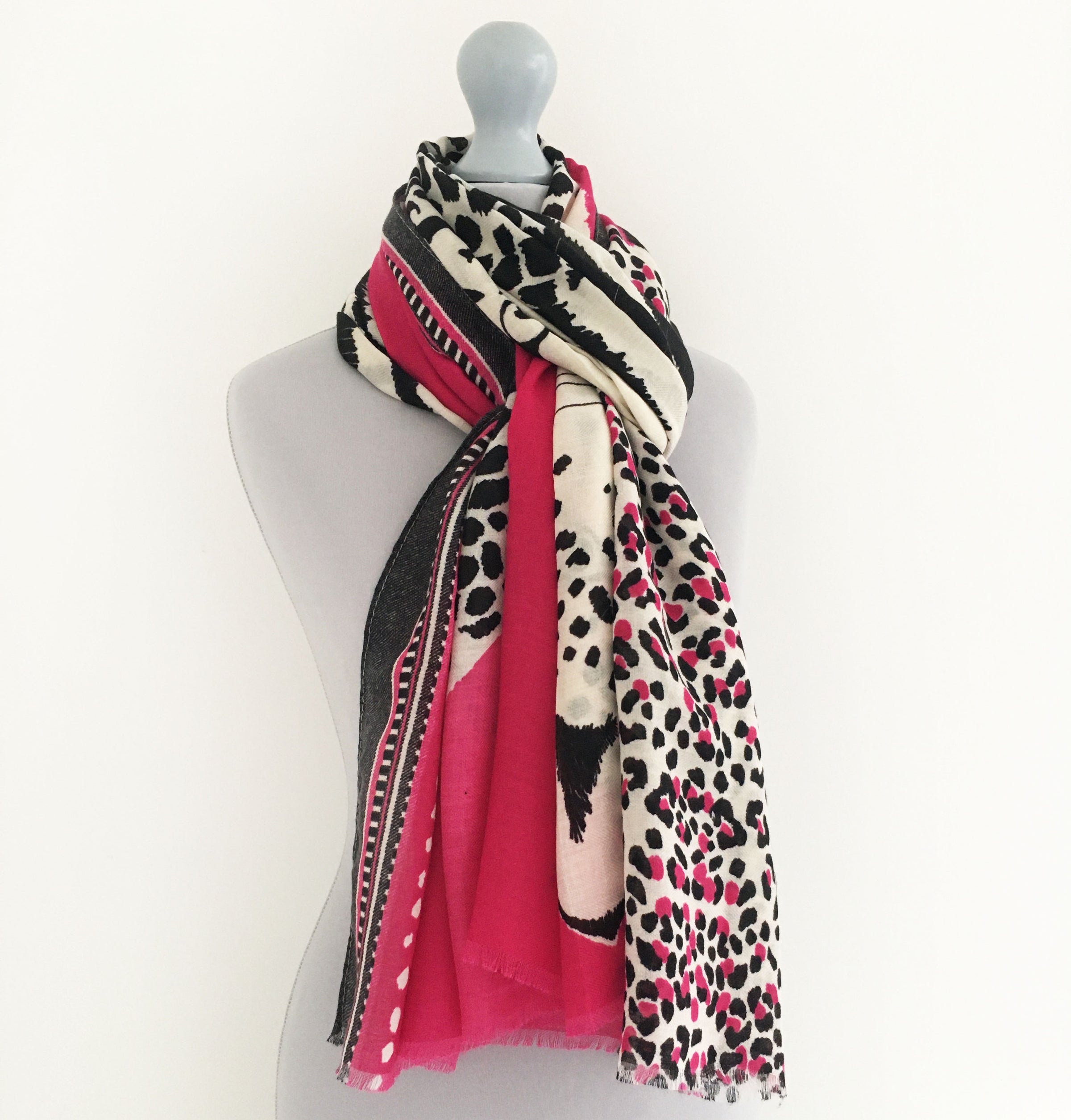 A-SHU LARGE FUSCHIA PINK COTTON MIX TIGER AND LEOPARD PRINT SHAWL SCARF - A-SHU.CO.UK