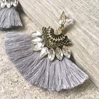 A-SHU SILVER GREY LARGE DIAMANTE TASSEL / FRINGE EARRINGS - A-SHU.CO.UK