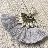 A-SHU SILVER GREY LARGE DIAMANTE TASSEL / FRINGE EARRINGS - A-SHU.CO.UK