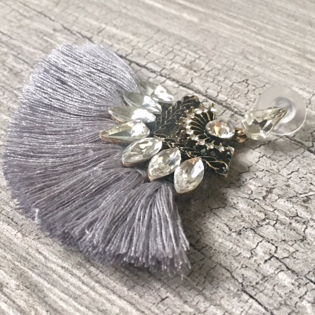 A-SHU SILVER GREY LARGE DIAMANTE TASSEL / FRINGE EARRINGS - A-SHU.CO.UK