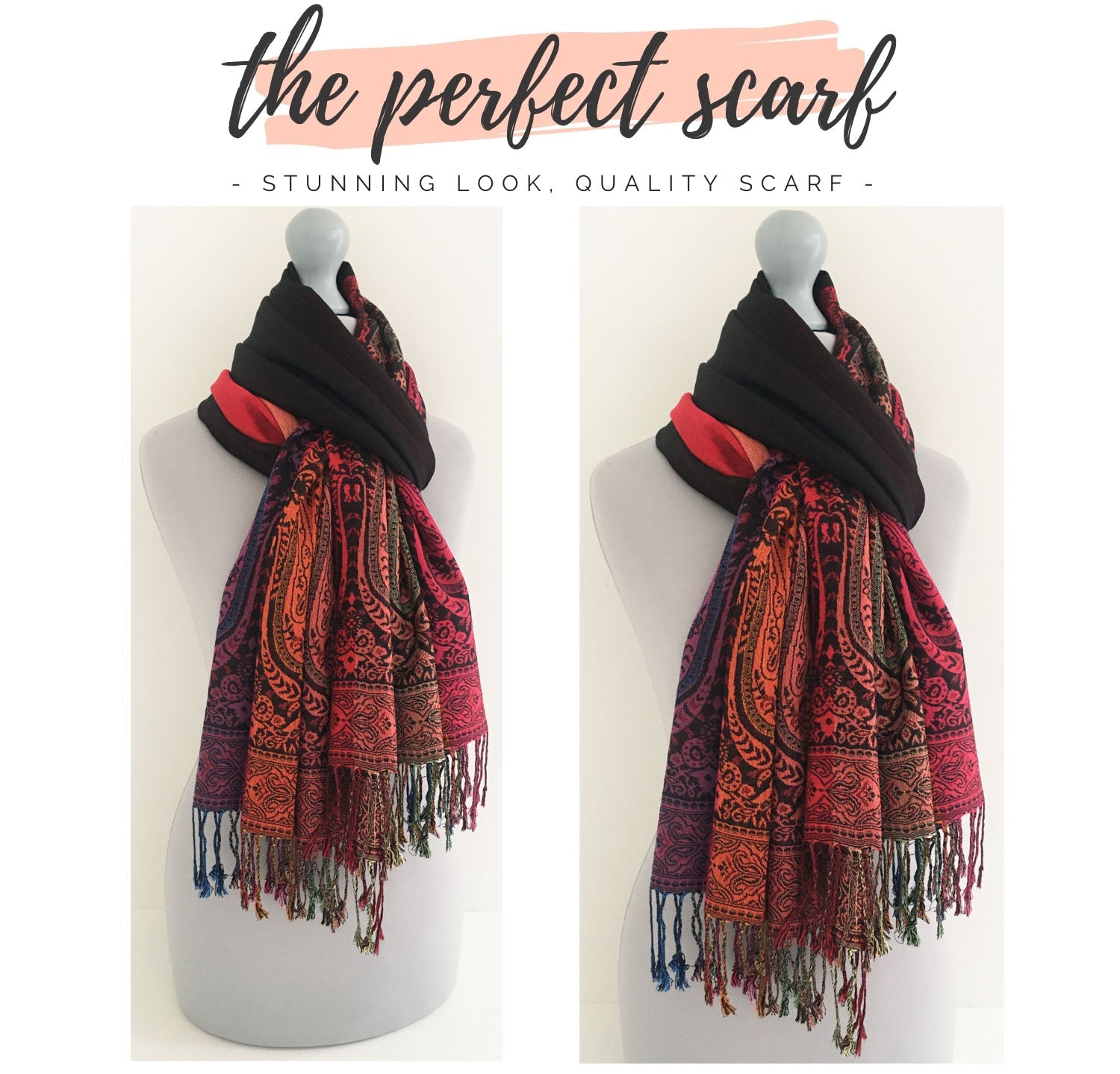 LARGE BLACK RAINBOW MULTI COLOUR PAISLEY PRINT PASHMINA SHAWL SCARF