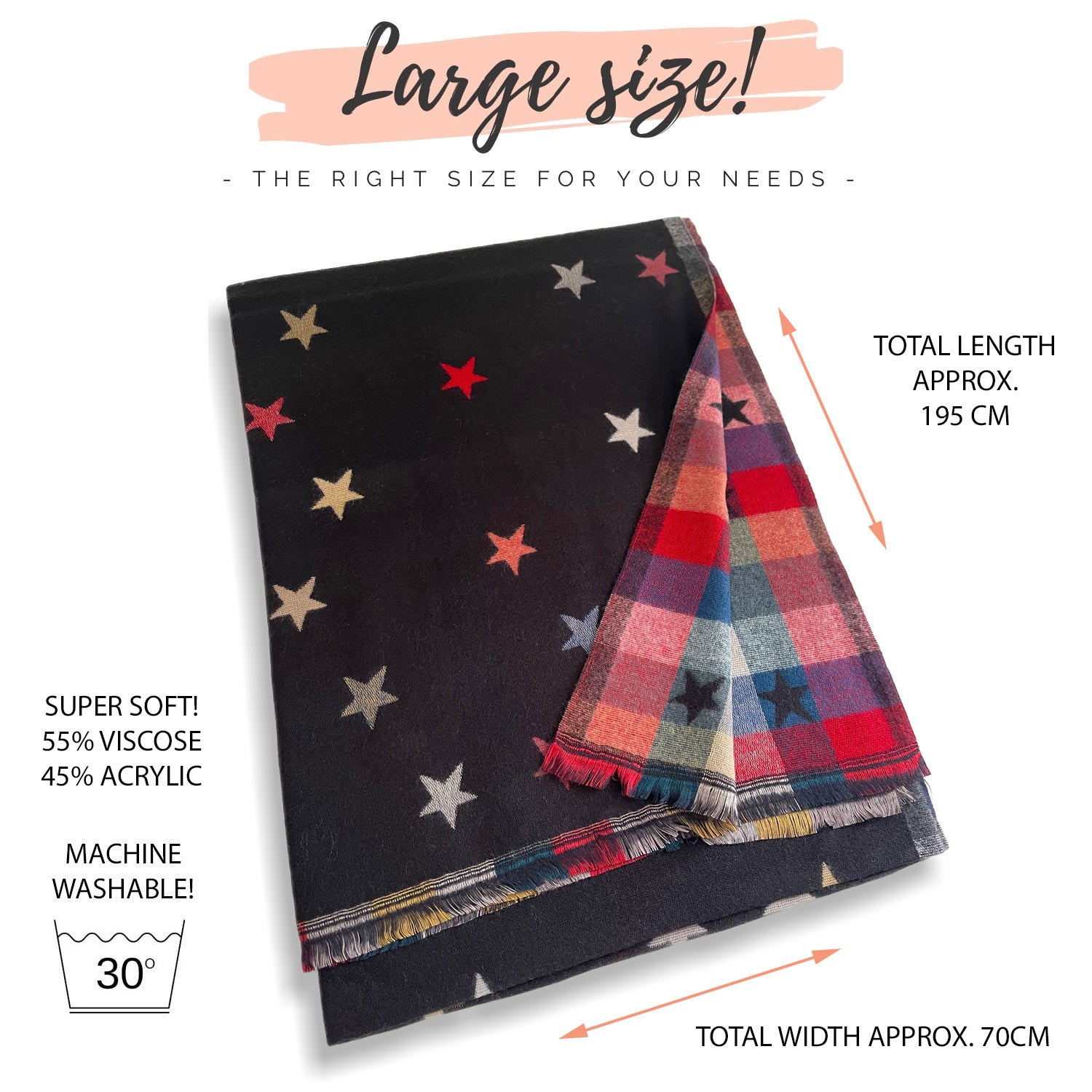 LARGE BLACK STAR PRINT REVERSIBLE CHECKED WINTER SHAWL BLANKET SCARF