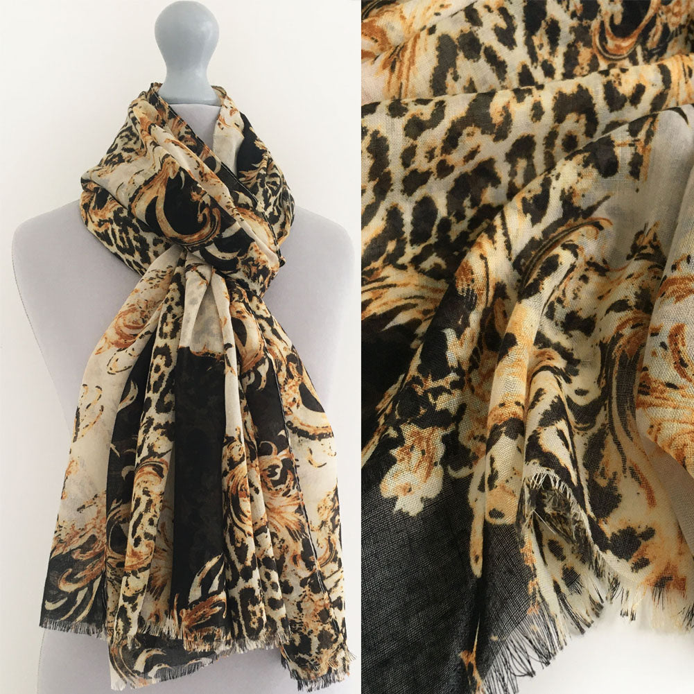 A-SHU LARGE BLACK VINTAGE LEOPARD PRINT SHAWL SCARF - A-SHU.CO.UK