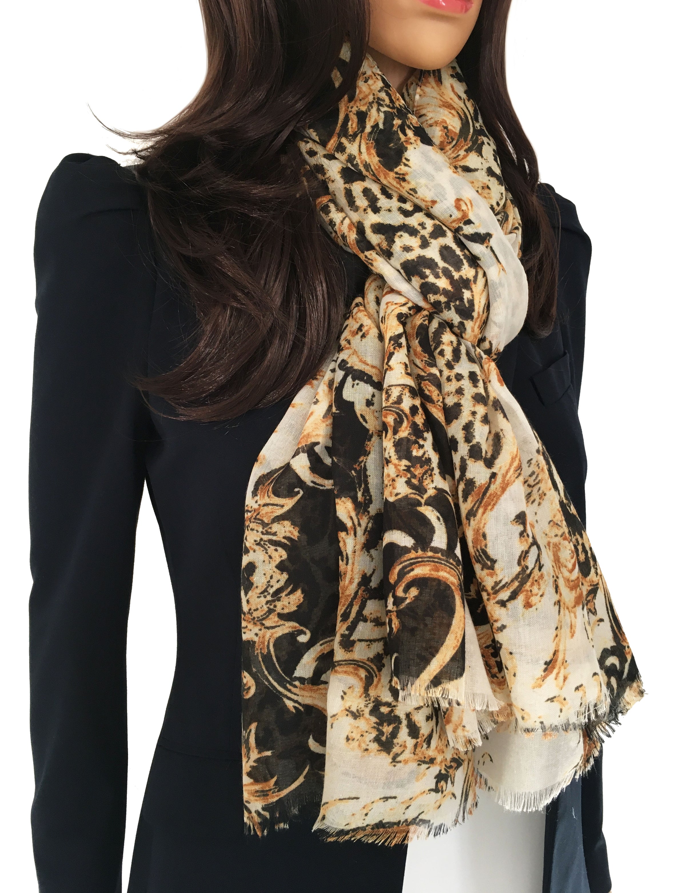 LARGE BLACK VINTAGE LEOPARD PRINT SHAWL SCARF