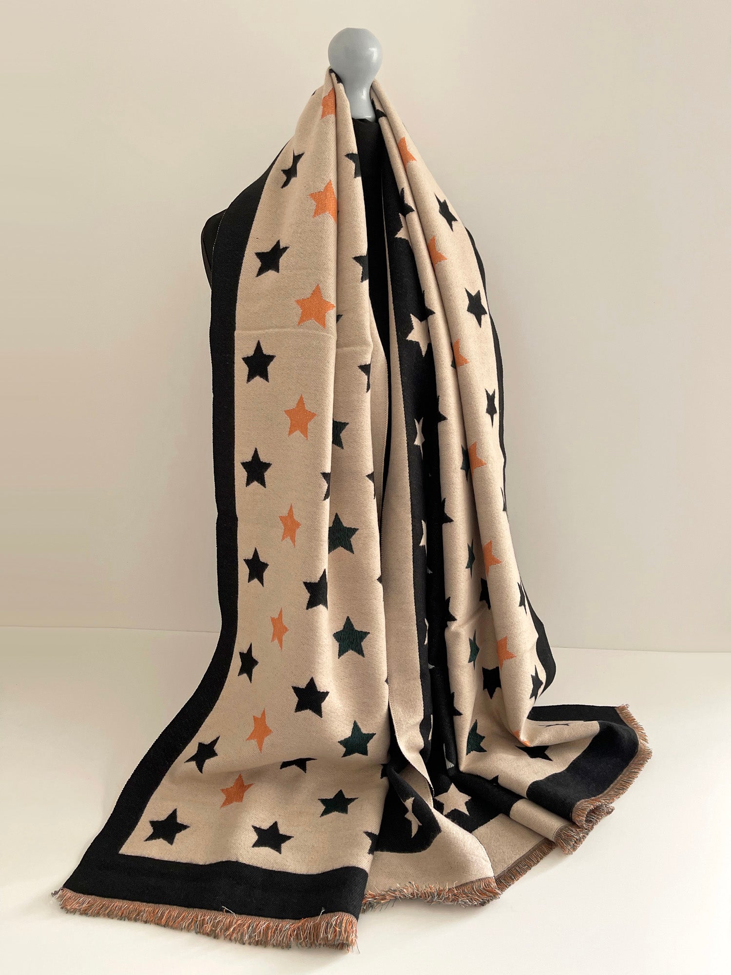 LARGE BLACK WOOL STAR PRINT REVERSIBLE WINTER SHAWL BLANKET SCARF