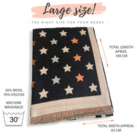 LARGE BLACK WOOL STAR PRINT REVERSIBLE WINTER SHAWL BLANKET SCARF